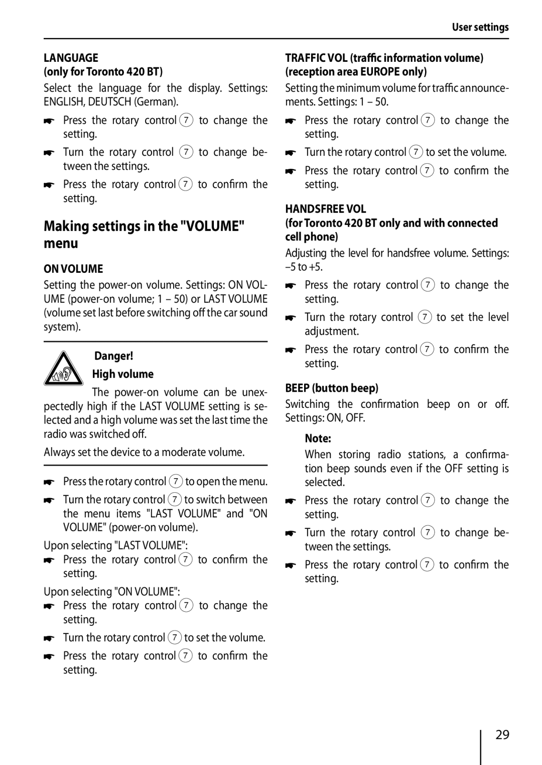 Blaupunkt 320, 420 BT installation instructions Making settings in the Volume menu, Language, On Volume, Handsfree VOL 