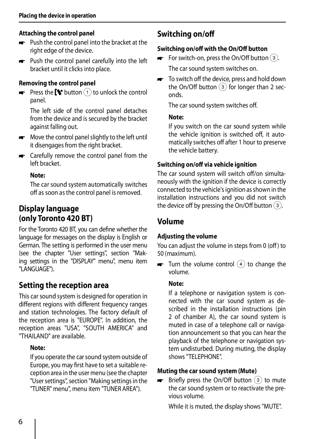 Blaupunkt 420 BT, 320 installation instructions Setting the reception area, Switching on/off, Volume 