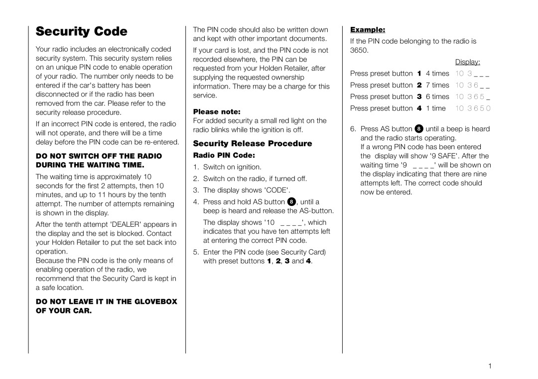 Blaupunkt 520 manual Security Code, Security Release Procedure, Please note, Radio PIN Code, Example 