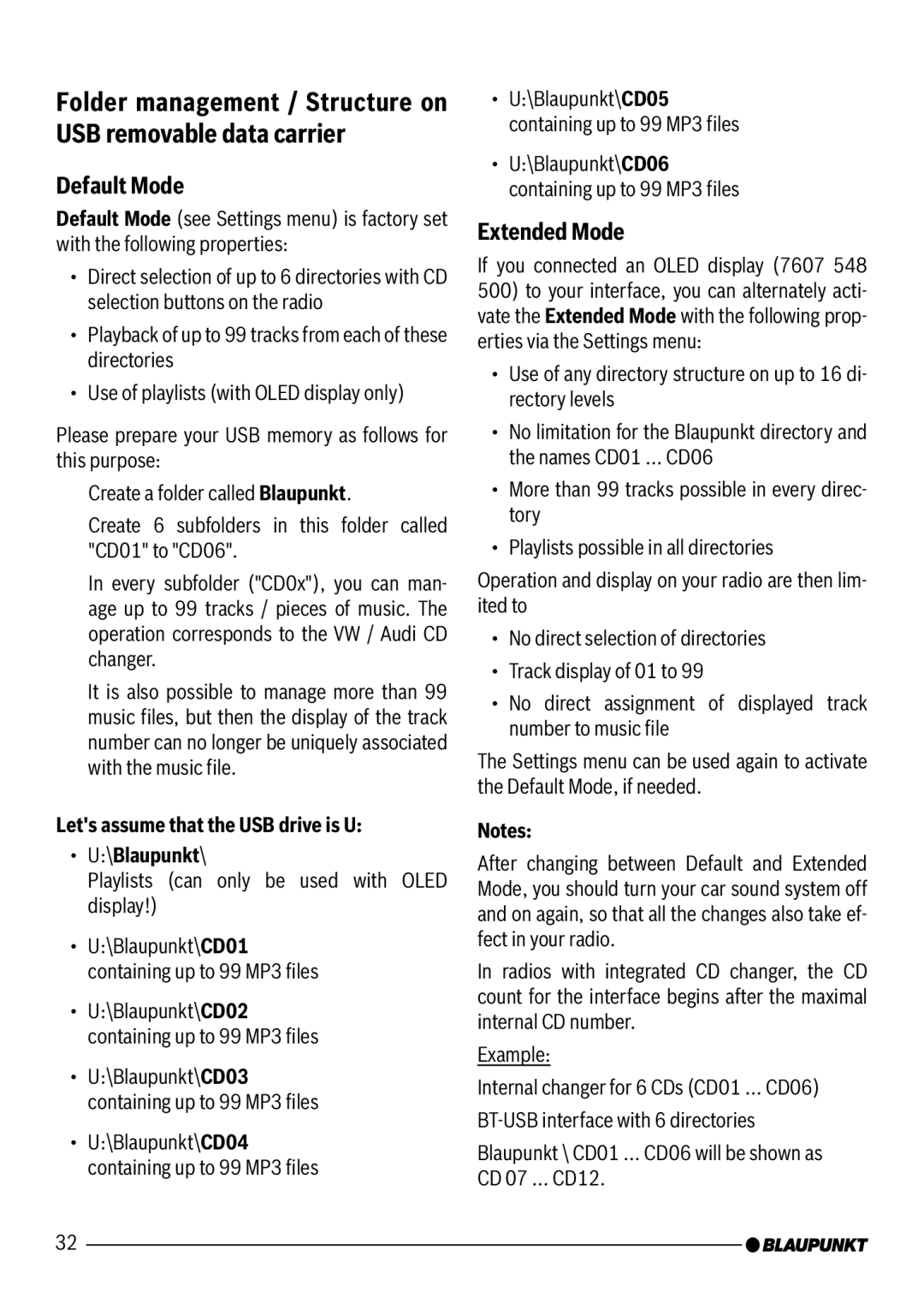 Blaupunkt 7 607 545 550 manual Folder management / Structure on USB removable data carrier, Default Mode, Extended Mode 