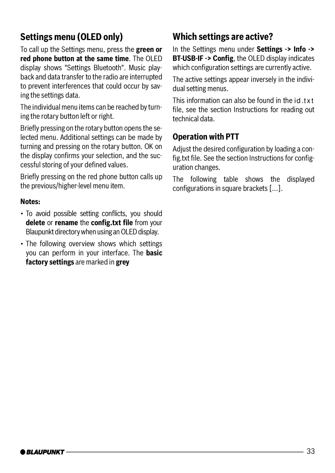 Blaupunkt 7 607 545 550 manual Settings menu Oled only, Which settings are active?, Operation with PTT 