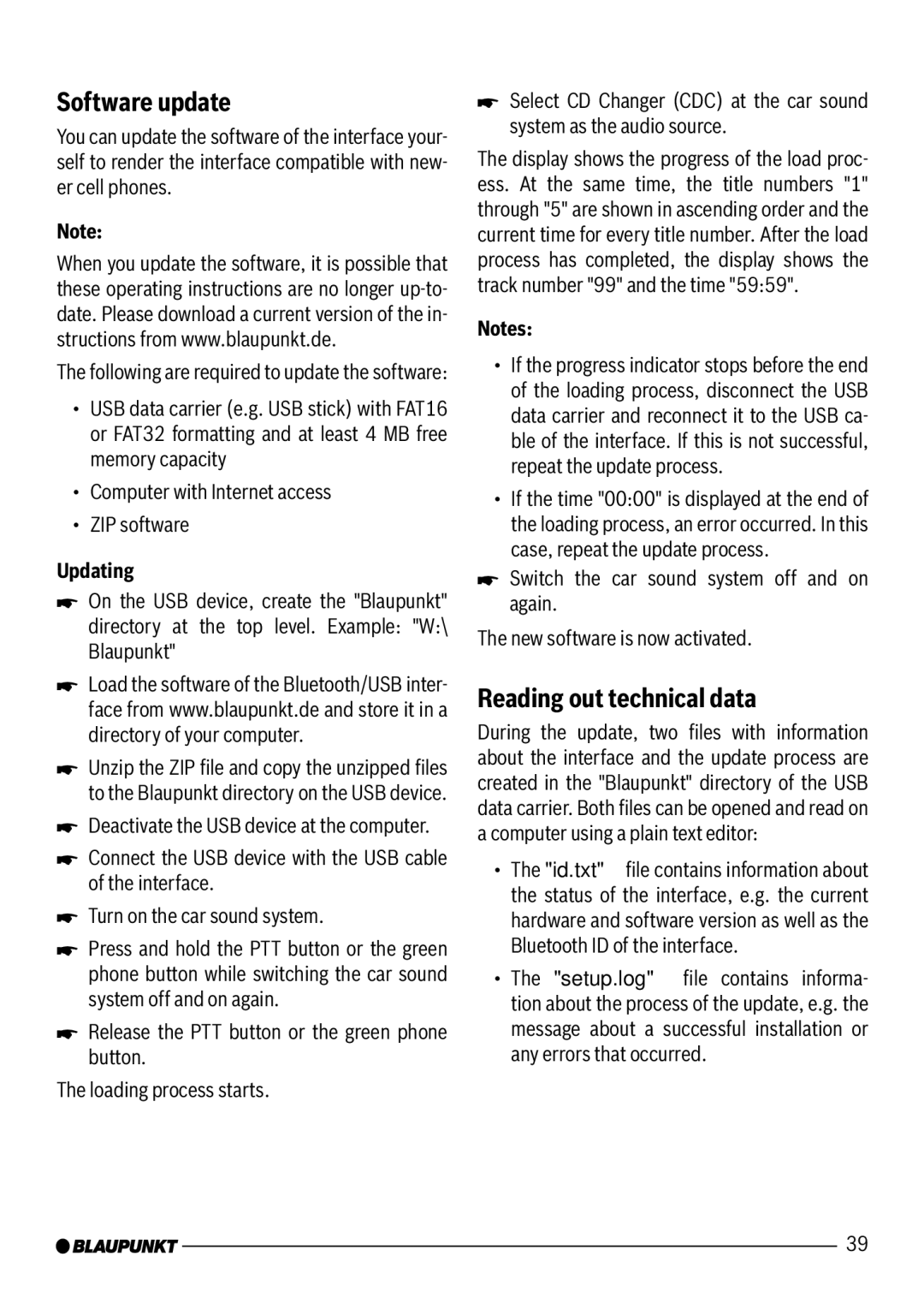 Blaupunkt 7 607 545 550 manual Software update, Reading out technical data, Updating 