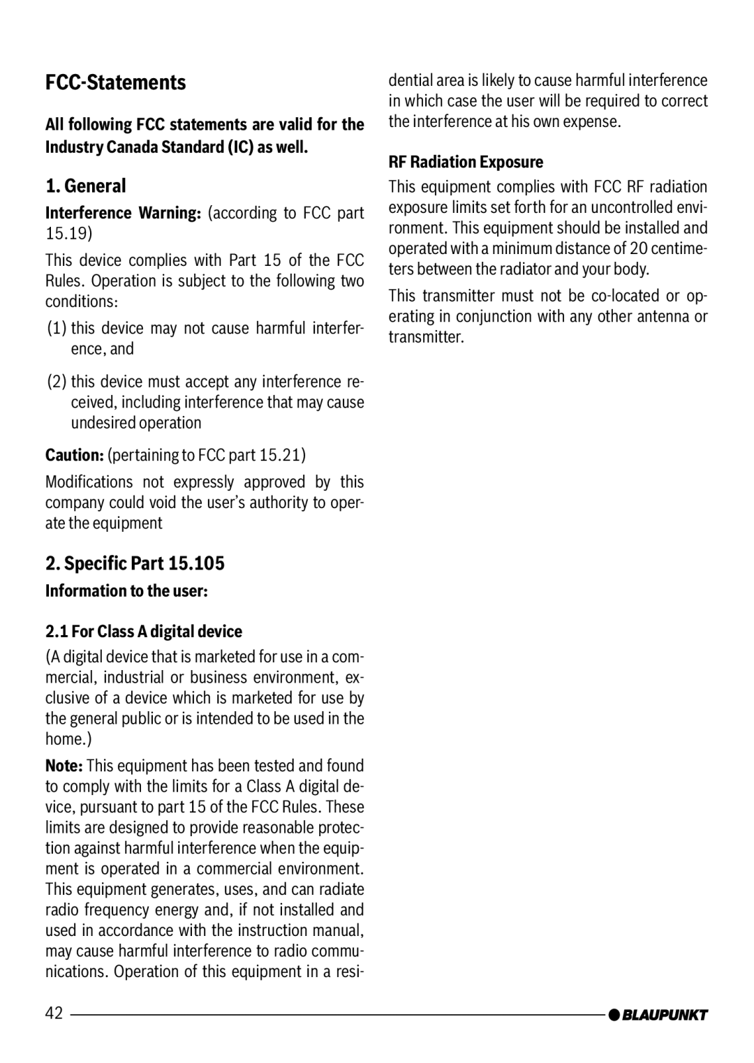 Blaupunkt 7 607 545 550 manual FCC-Statements, General, Speciﬁc Part 