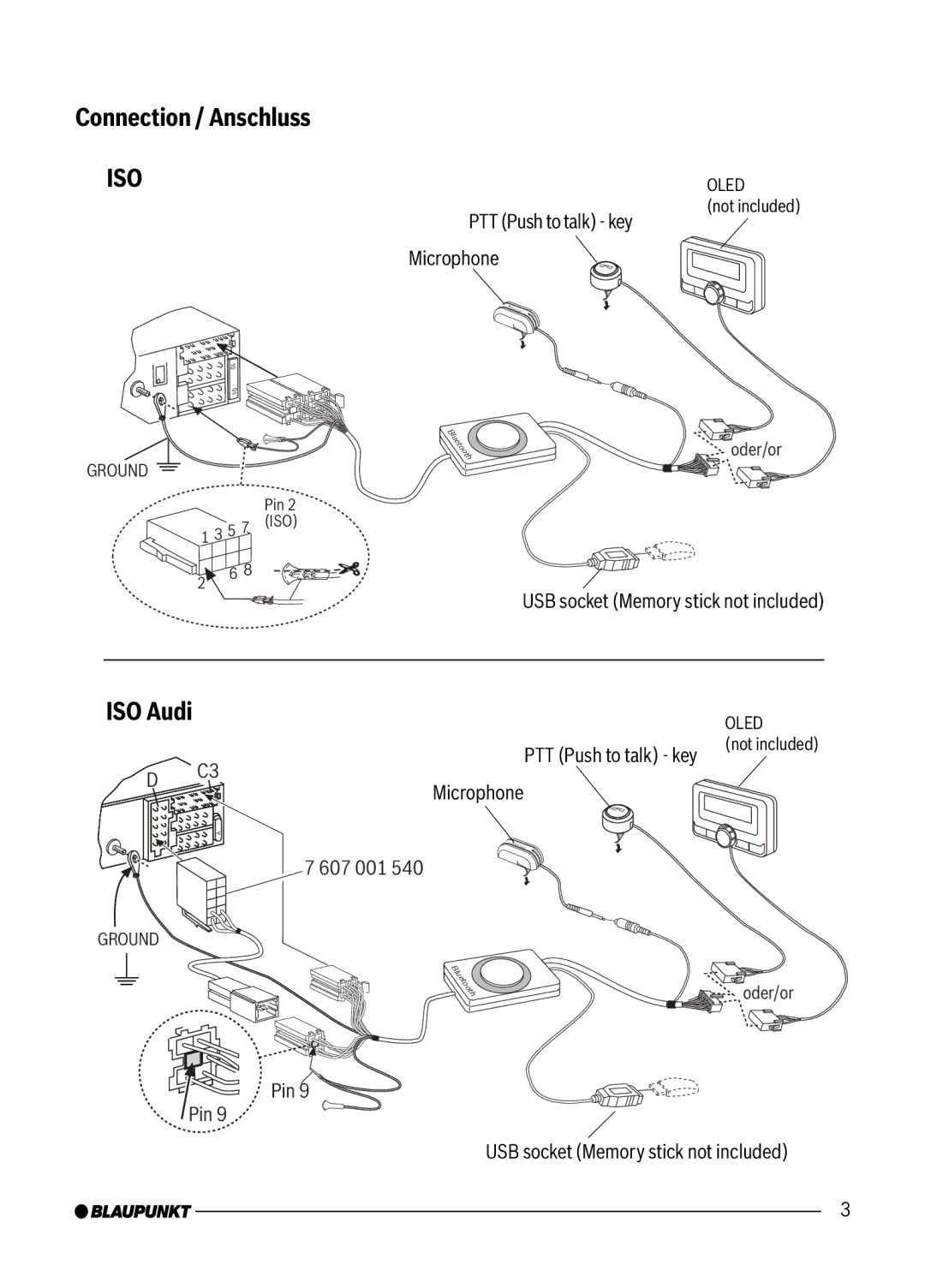 Blaupunkt 7 607 545 550 manual Connection / Anschluss, ISO Audi 