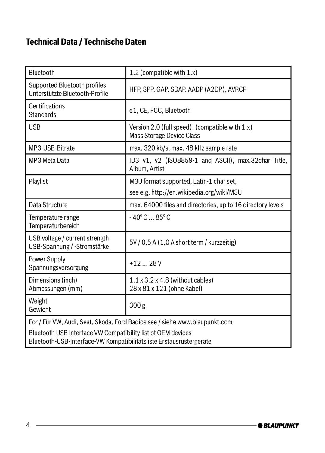 Blaupunkt 7 607 545 550 manual Technical Data / Technische Daten, Usb 