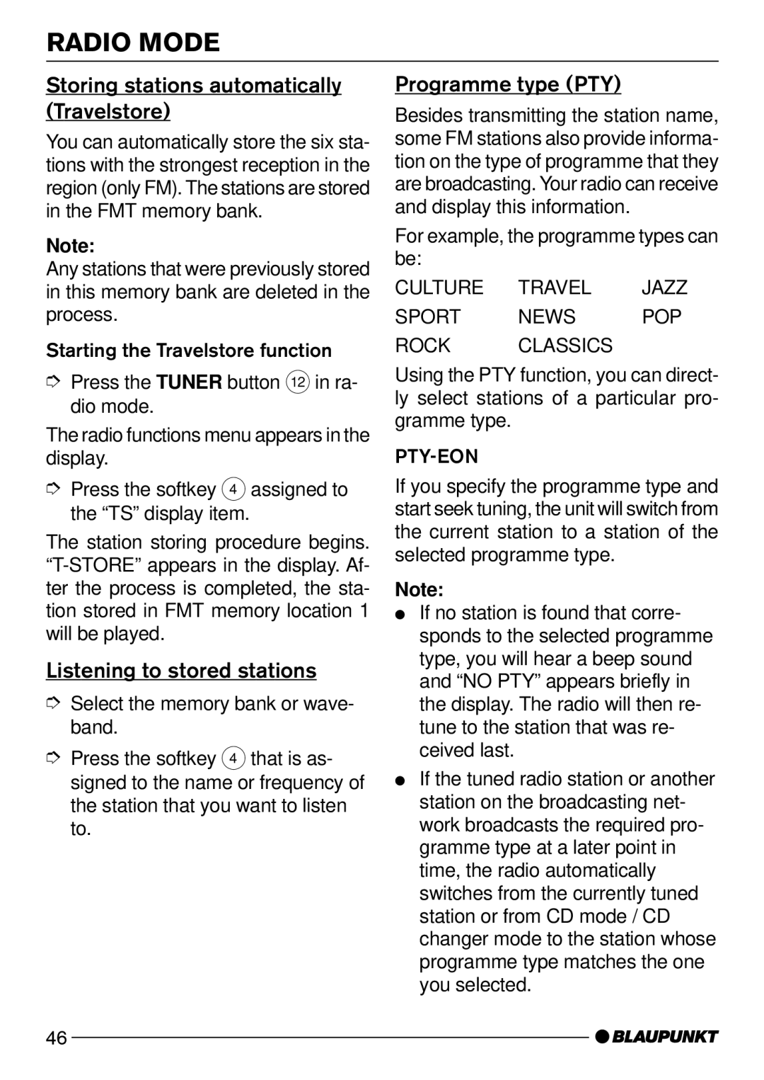 Blaupunkt 7 643 810 310 Storing stations automatically Travelstore, Listening to stored stations, Programme type PTY 