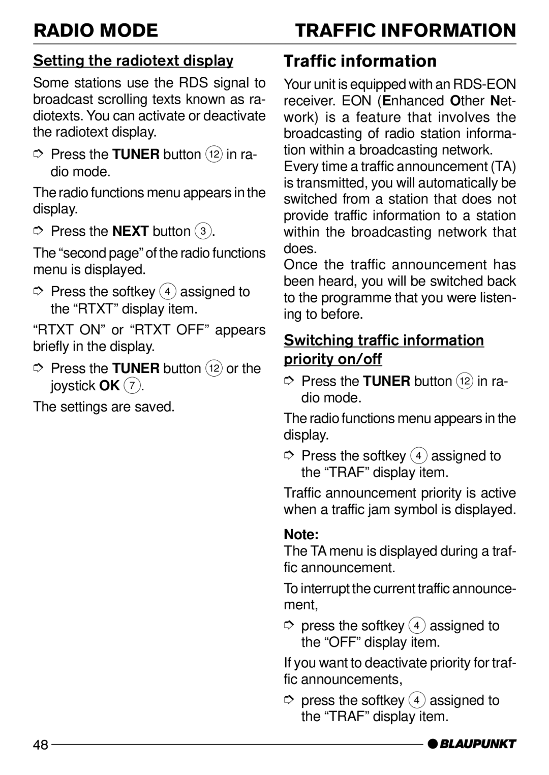 Blaupunkt 7 641 803 310, 7 641 802 310 Radio Mode Traffic Information, Traffic information, Setting the radiotext display 