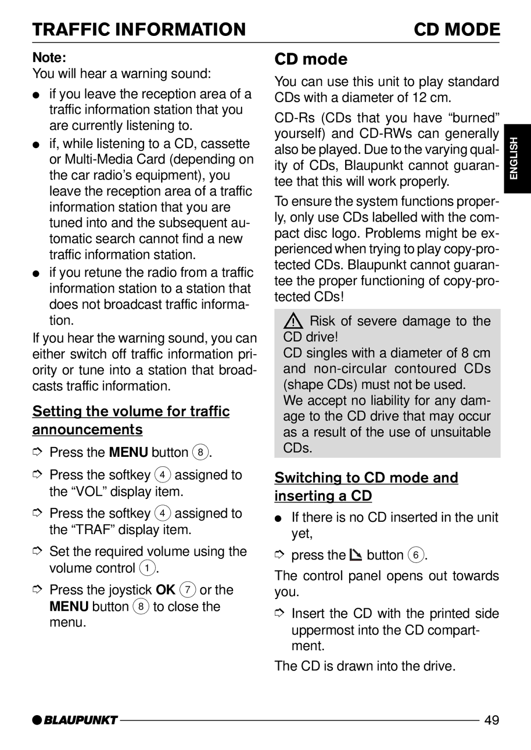 Blaupunkt 7 641 802 310, 7 643 810 310 Traffic Information CD Mode, CD mode, Setting the volume for traffic announcements 