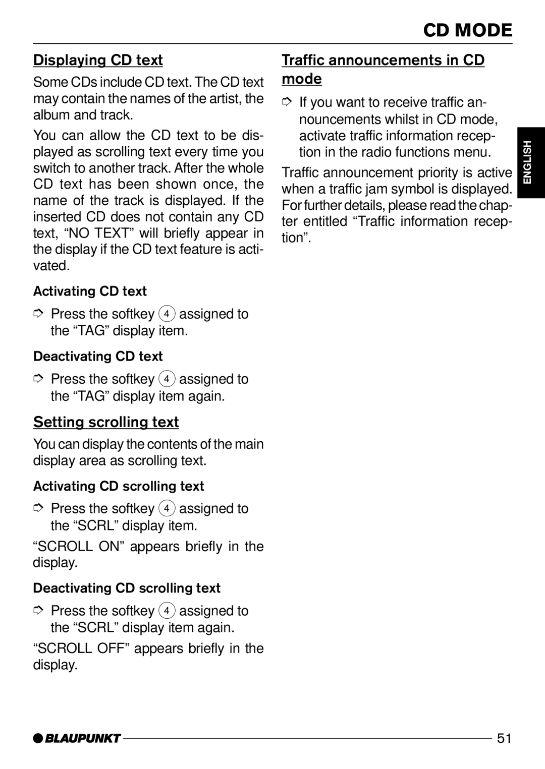 Blaupunkt 7 641 800 310, 7 641 802 310 Displaying CD text, Setting scrolling text, Traffic announcements in CD mode 