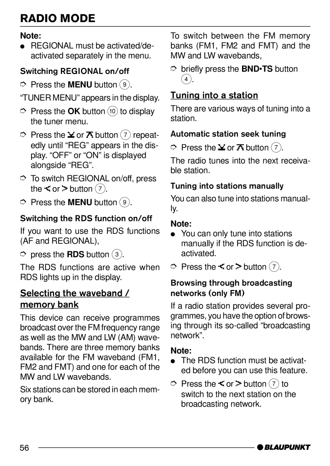 Blaupunkt 7 644 250 310, 7 644 252 310 operating instructions Selecting the waveband / memory bank, Tuning into a station 