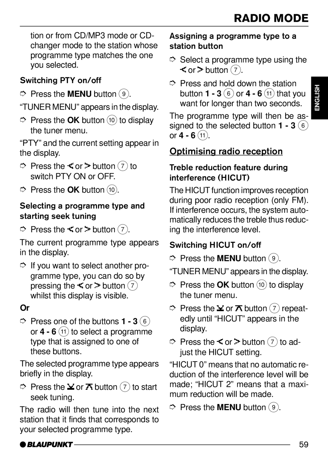 Blaupunkt 7 644 252 310, 7 644 250 310 operating instructions Optimising radio reception, Interference Hicut 