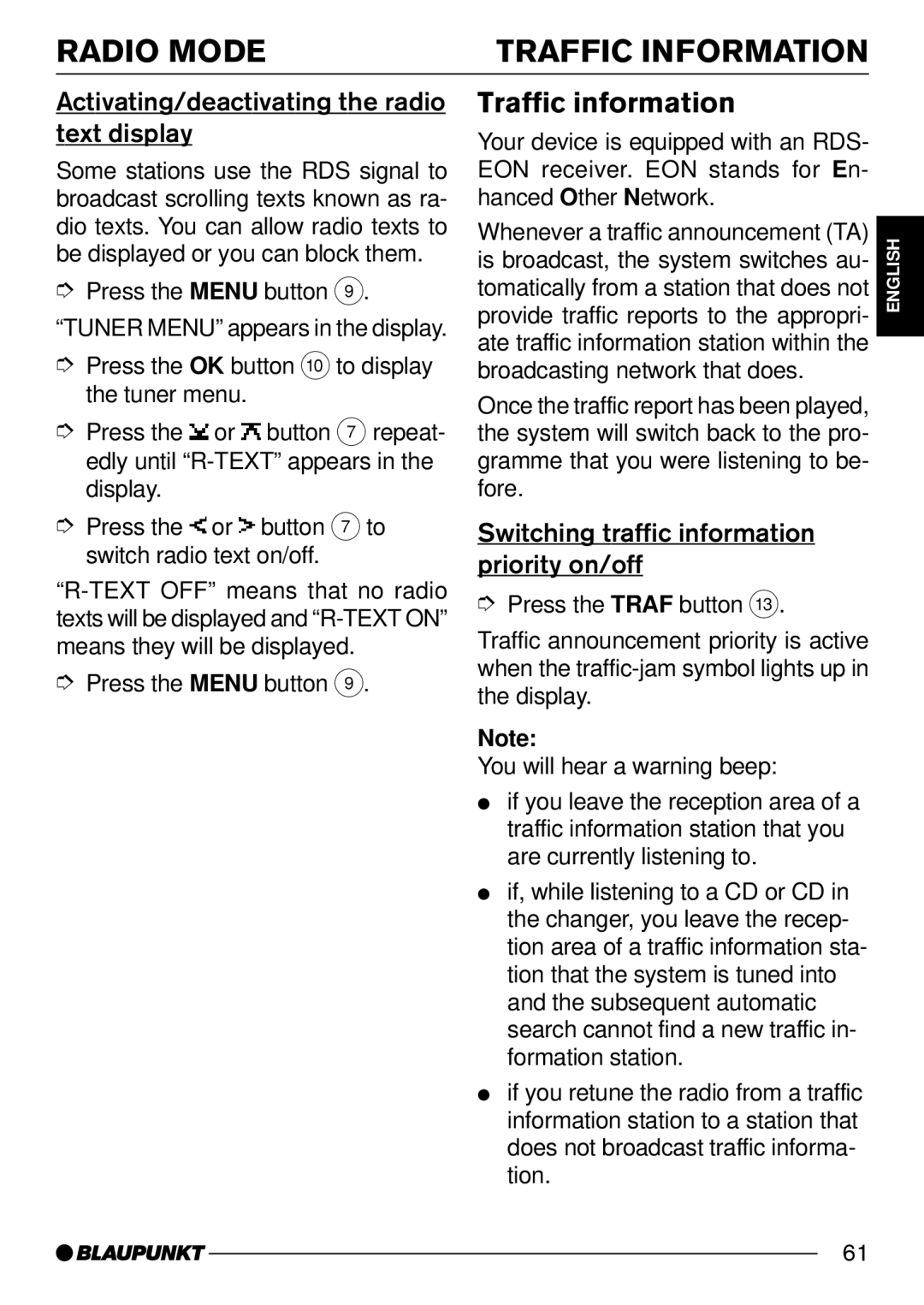 Blaupunkt 7 644 252 310 Radio Mode Traffic Information, Traffic information, Switching traffic information priority on/off 