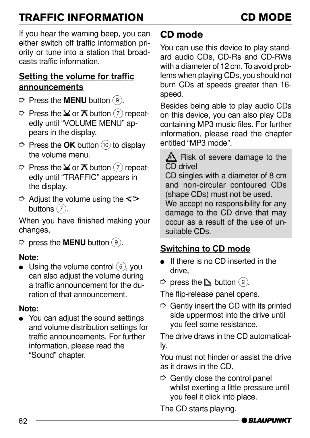 Blaupunkt 7 644 250 310, 7 644 252 310 Traffic Information CD Mode, CD mode, Setting the volume for traffic announcements 