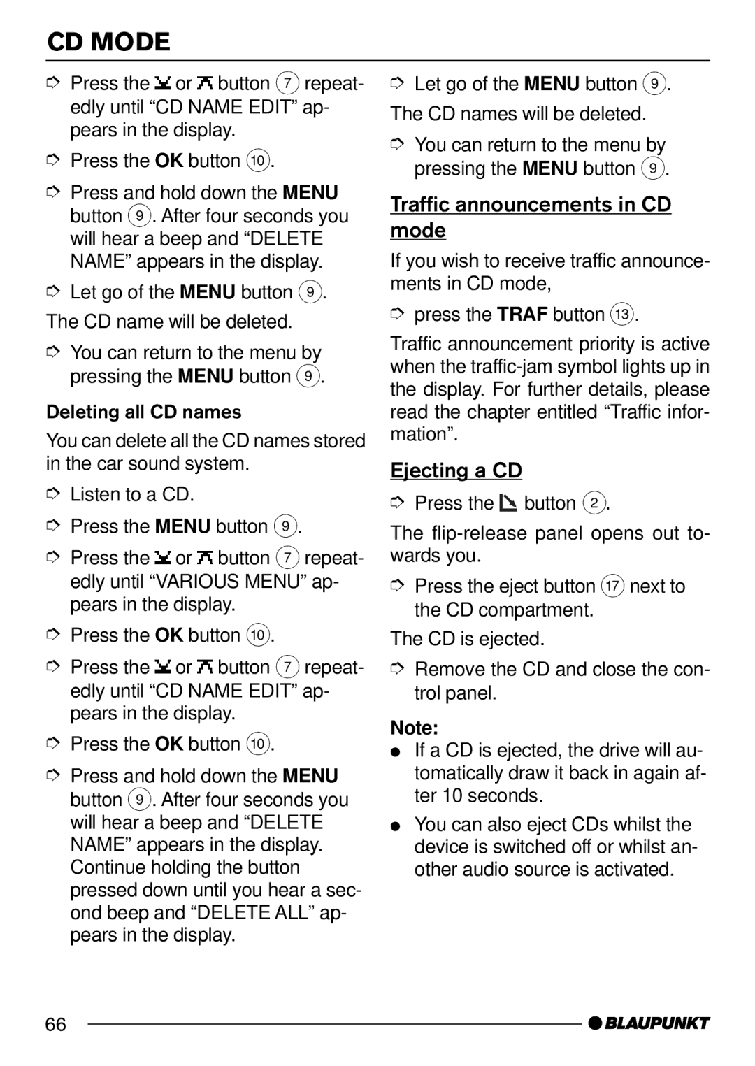 Blaupunkt 7 644 250 310, 7 644 252 310 operating instructions Traffic announcements in CD mode, Ejecting a CD 