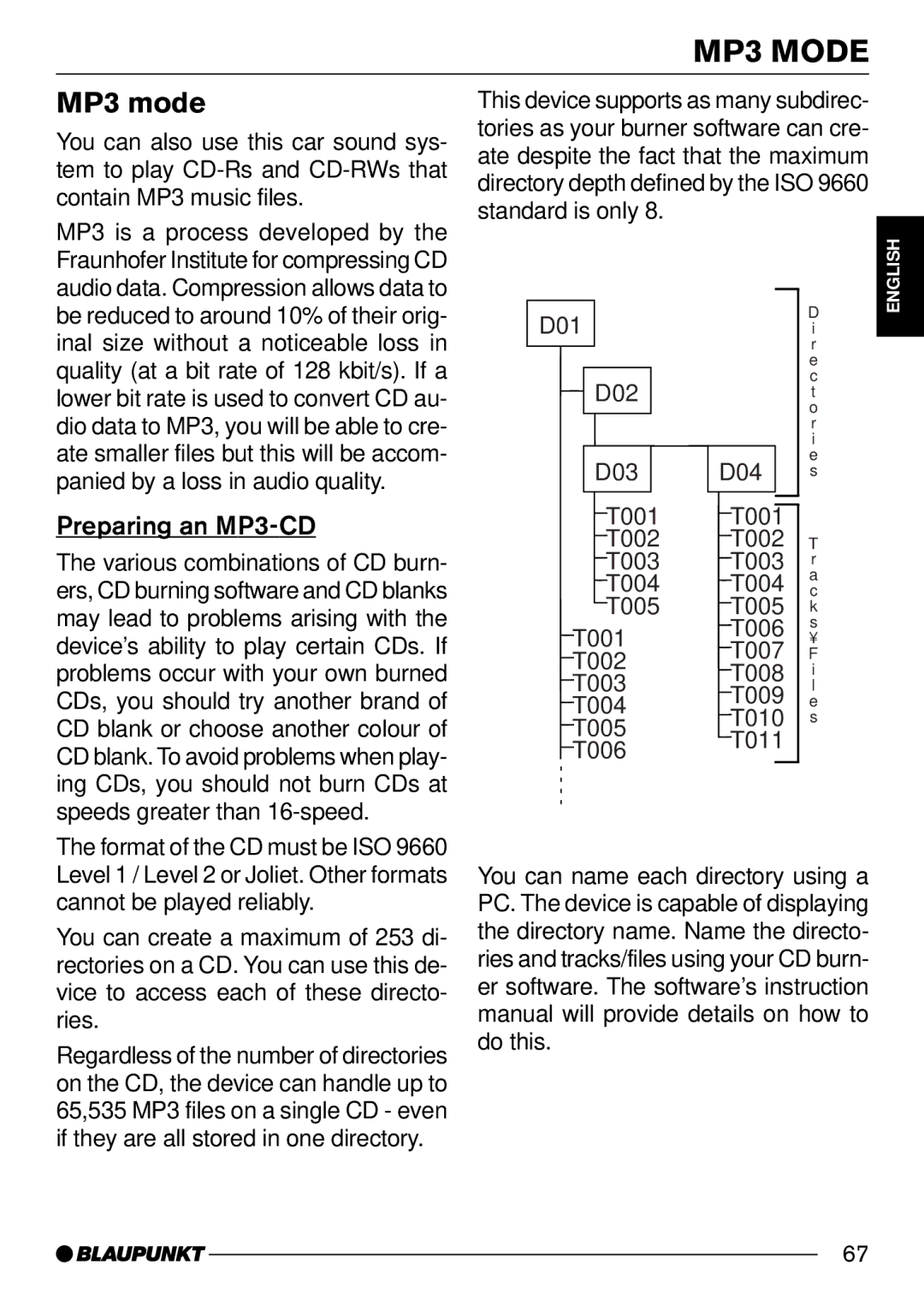 Blaupunkt 7 644 252 310, 7 644 250 310 operating instructions MP3 Mode, MP3 mode, Preparing an MP3-CD 