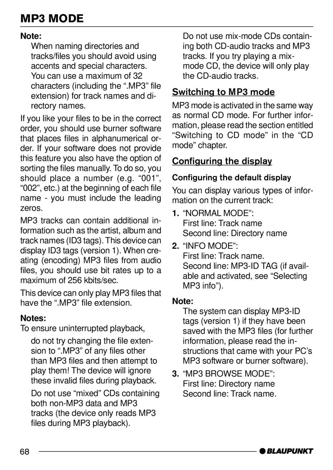 Blaupunkt 7 644 250 310, 7 644 252 310 operating instructions Switching to MP3 mode, Configuring the display 