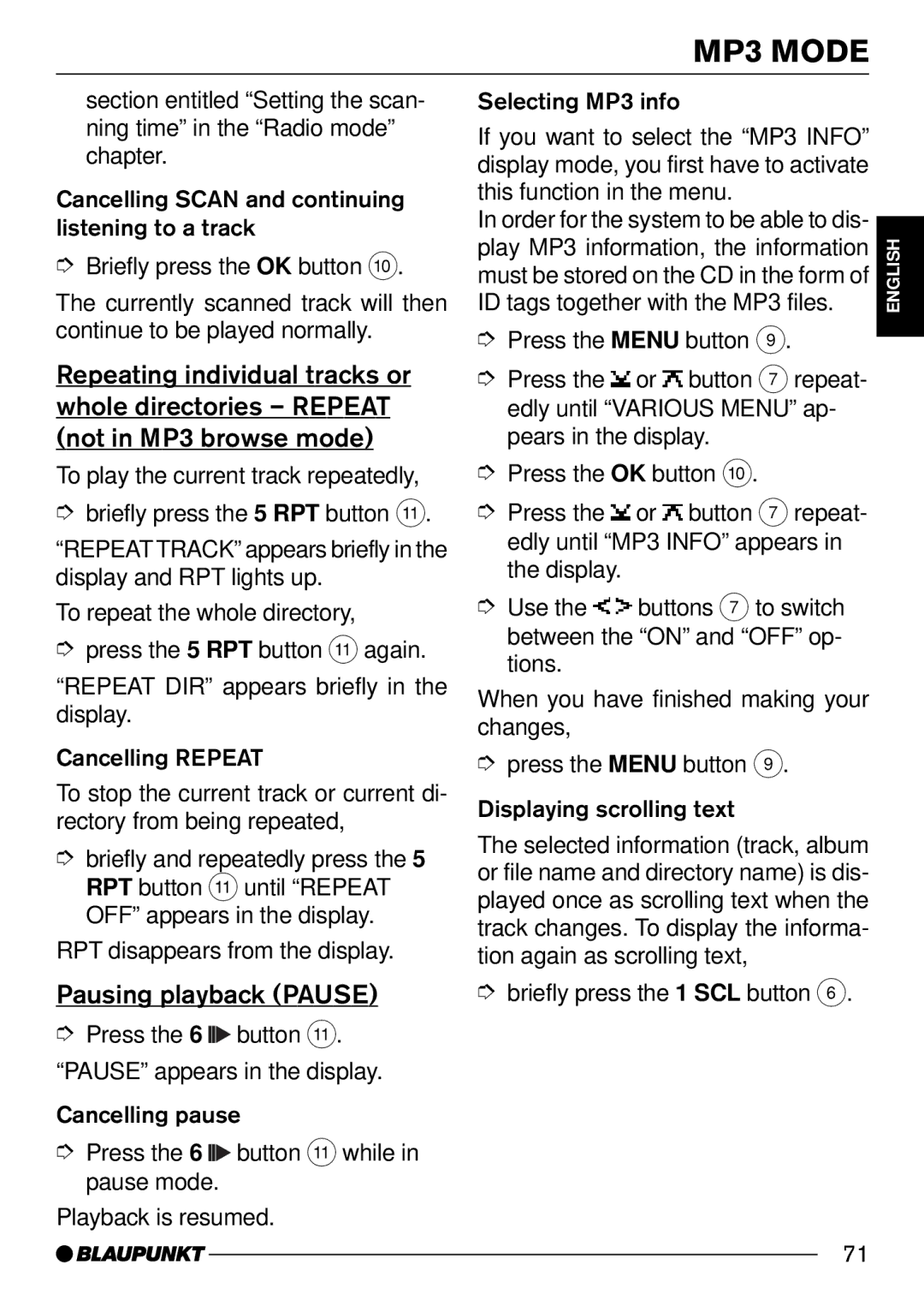 Blaupunkt 7 644 252 310, 7 644 250 310 operating instructions Selecting MP3 info 