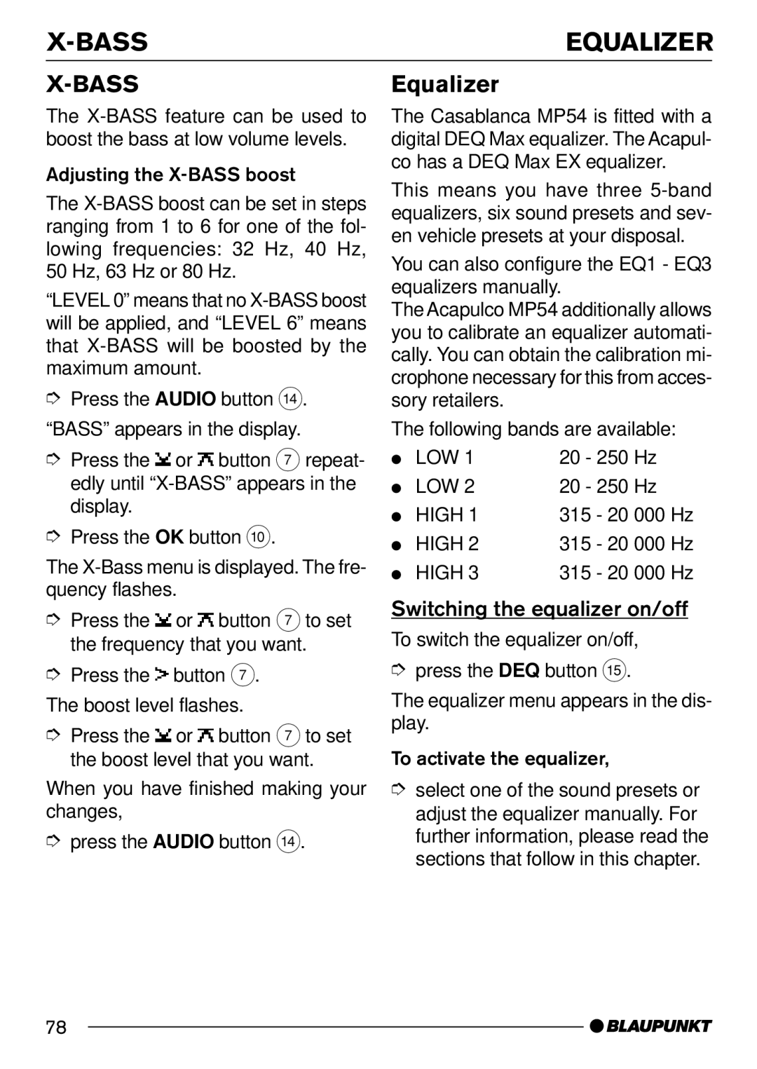 Blaupunkt 7 644 250 310, 7 644 252 310 operating instructions Bass, Equalizer, Switching the equalizer on/off 