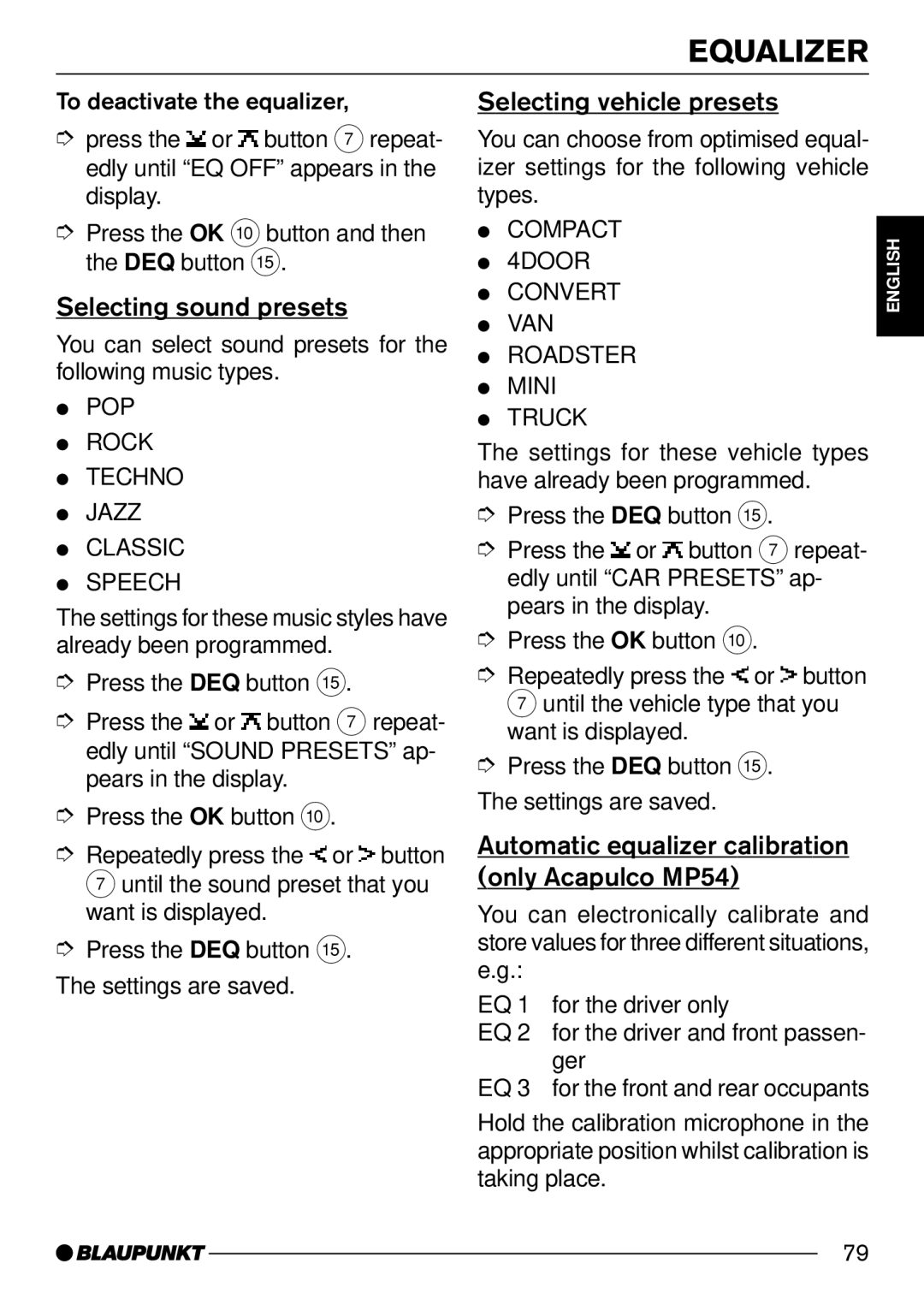 Blaupunkt 7 644 252 310, 7 644 250 310 operating instructions Equalizer, Selecting sound presets, Selecting vehicle presets 