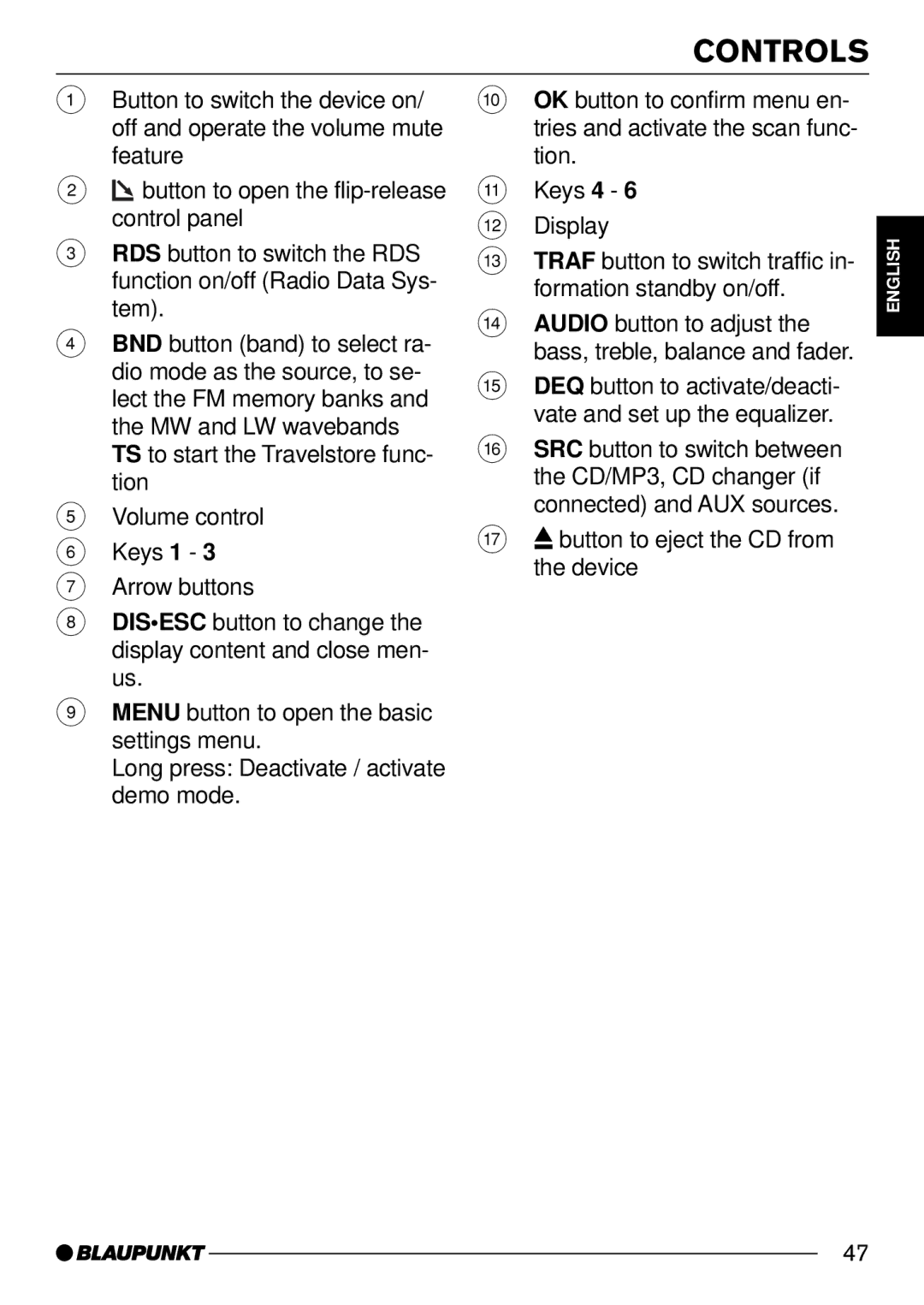 Blaupunkt 7 644 252 310, 7 644 250 310 operating instructions Controls 