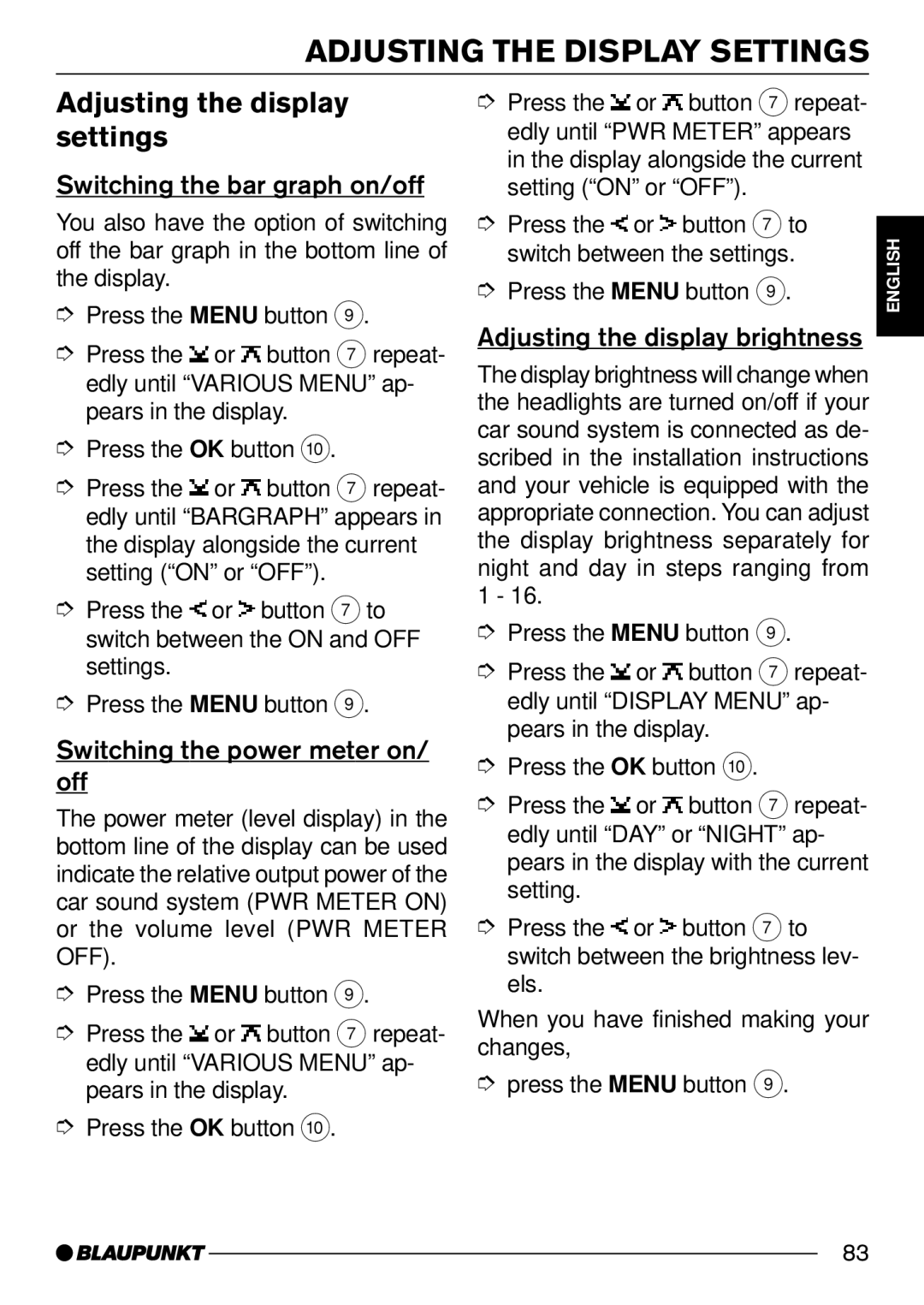 Blaupunkt 7 644 252 310 Adjusting the Display Settings, Adjusting the display settings, Switching the bar graph on/off 