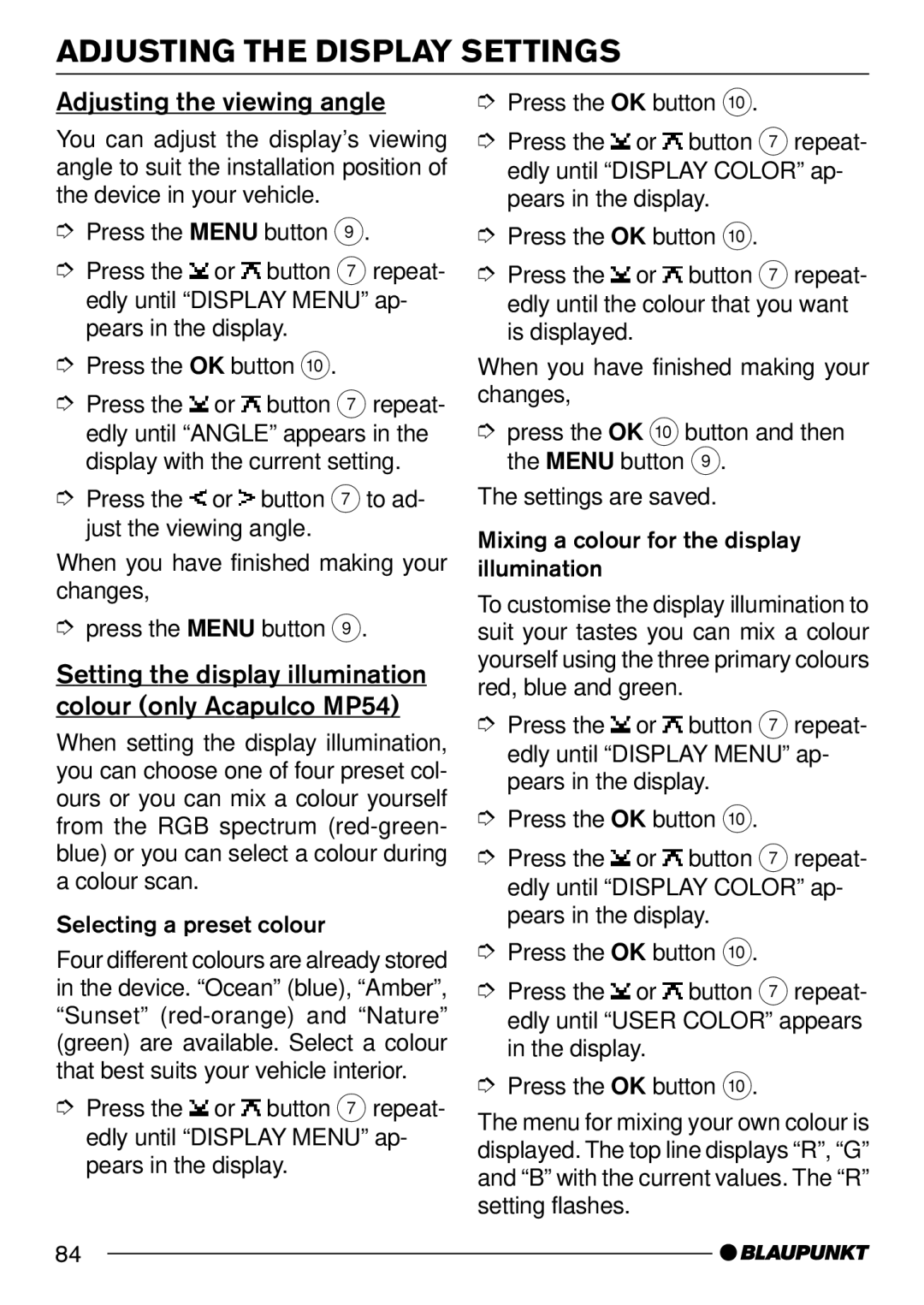 Blaupunkt 7 644 250 310 Adjusting the viewing angle, Setting the display illumination colour only Acapulco MP54 