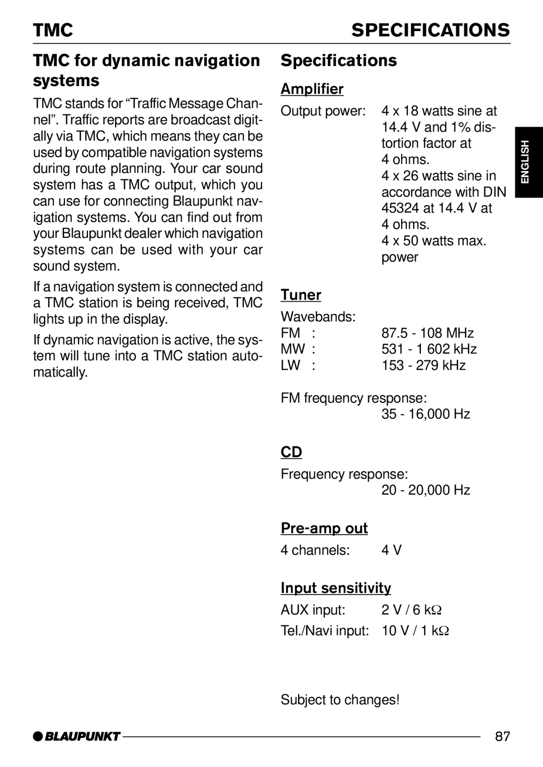 Blaupunkt 7 644 252 310, 7 644 250 310 operating instructions TMC Specifications, TMC for dynamic navigation systems 