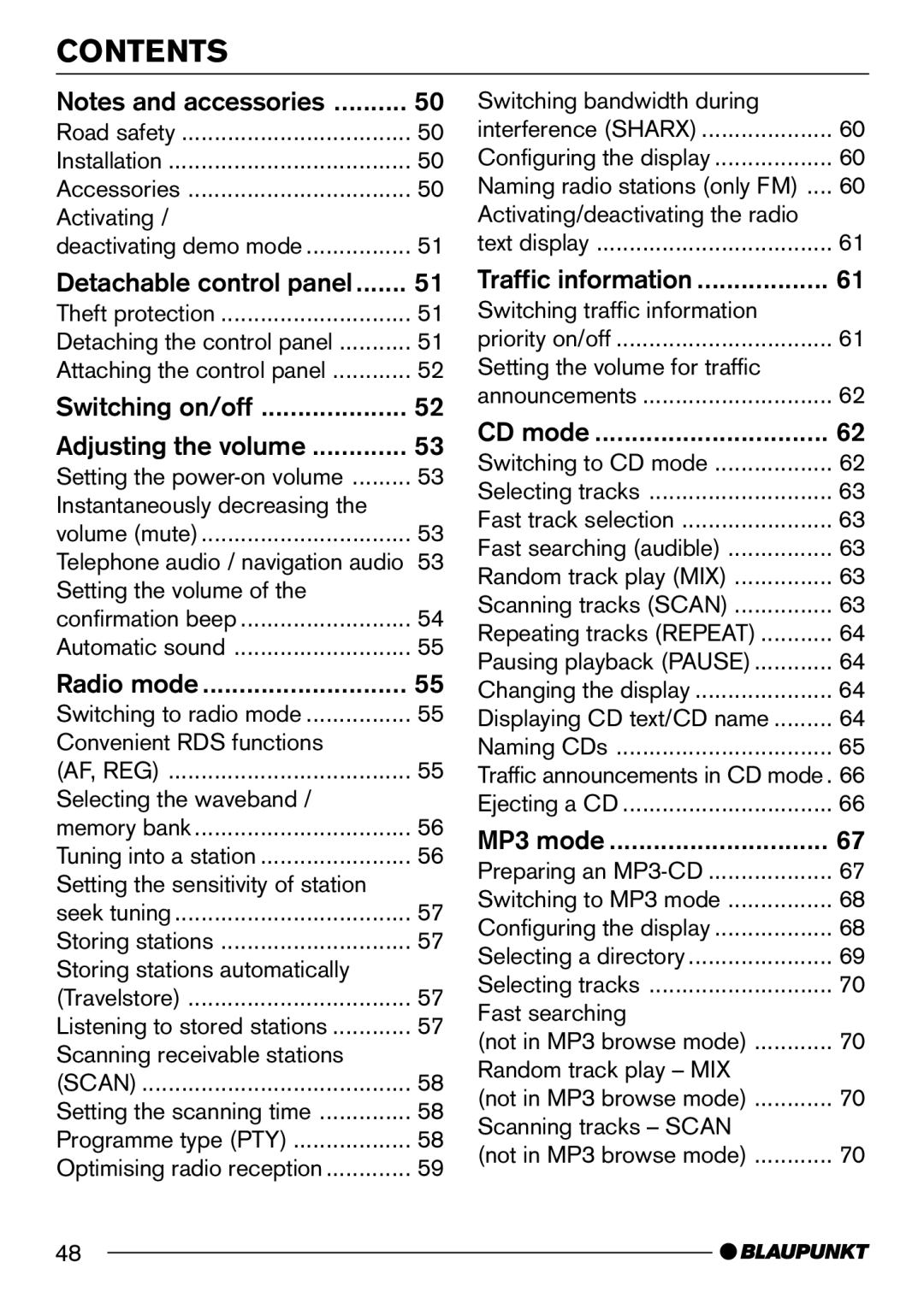 Blaupunkt 7 644 250 310, 7 644 252 310 operating instructions Contents 