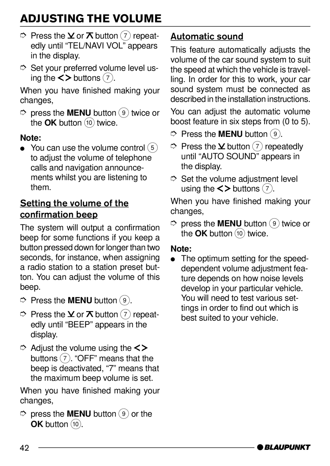 Blaupunkt 7 644 262 310, 7 644 260 310 operating instructions Setting the volume of the confirmation beep, Automatic sound 