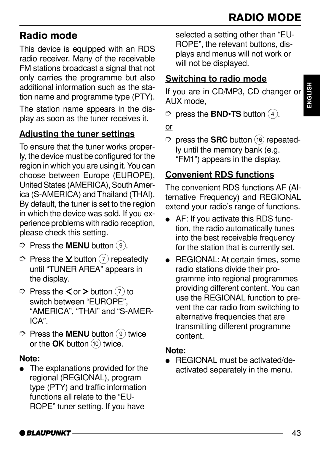 Blaupunkt 7 644 260 310, 7 644 262 310 Radio Mode, Radio mode, Switching to radio mode, Adjusting the tuner settings 