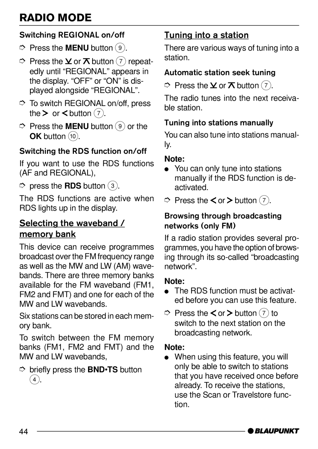 Blaupunkt 7 644 262 310, 7 644 260 310 operating instructions Selecting the waveband / memory bank, Tuning into a station 