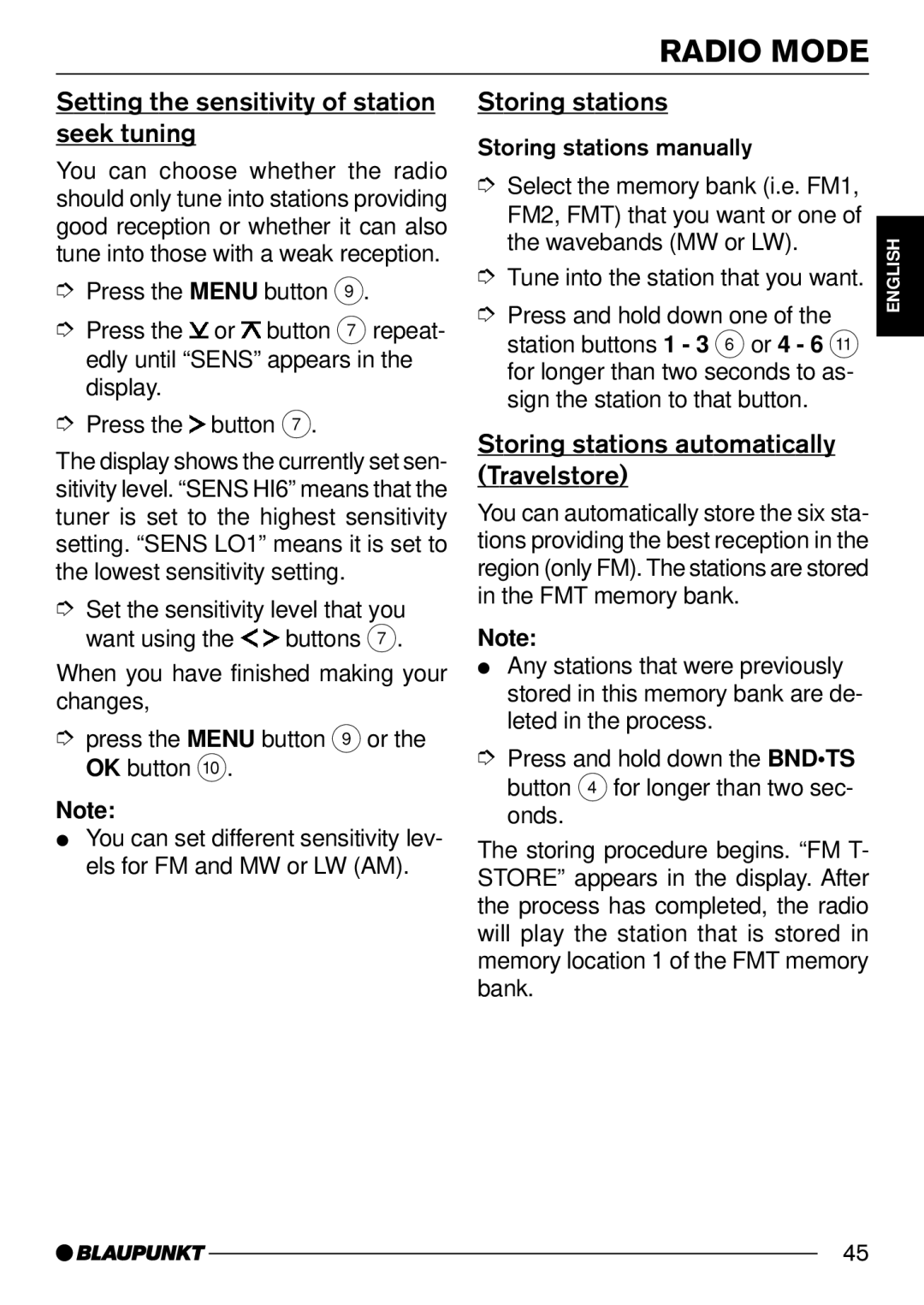 Blaupunkt 7 644 260 310, 7 644 262 310 Setting the sensitivity of station seek tuning, Storing stations 