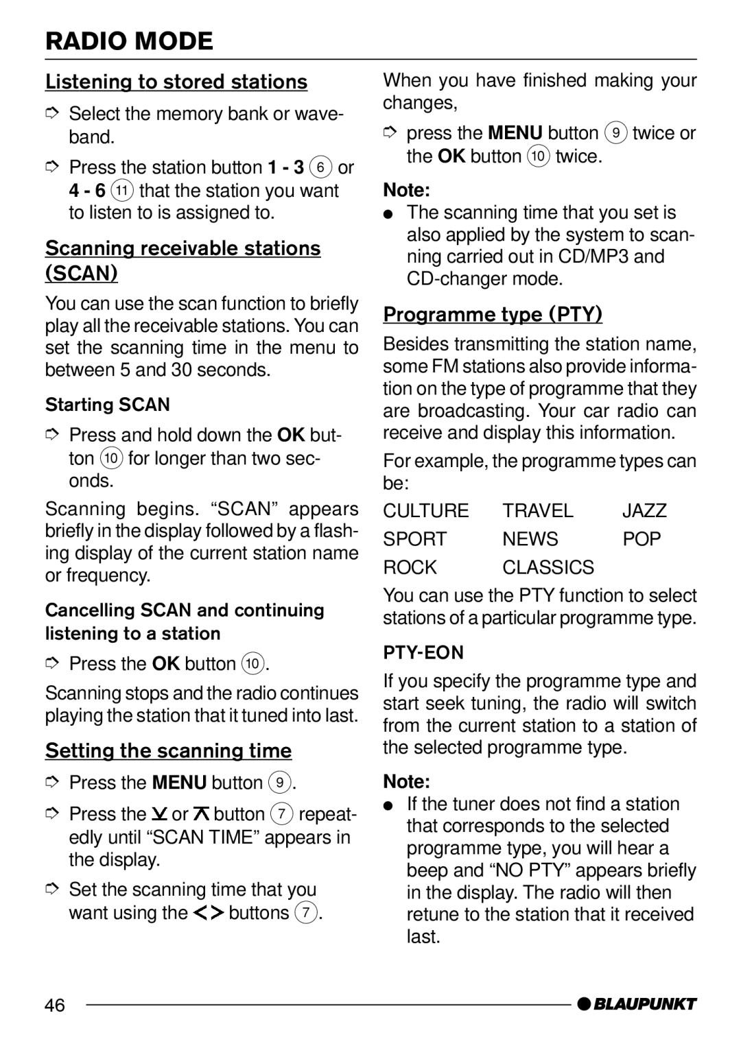 Blaupunkt 7 644 262 310 Listening to stored stations, Scanning receivable stations Scan, Setting the scanning time 