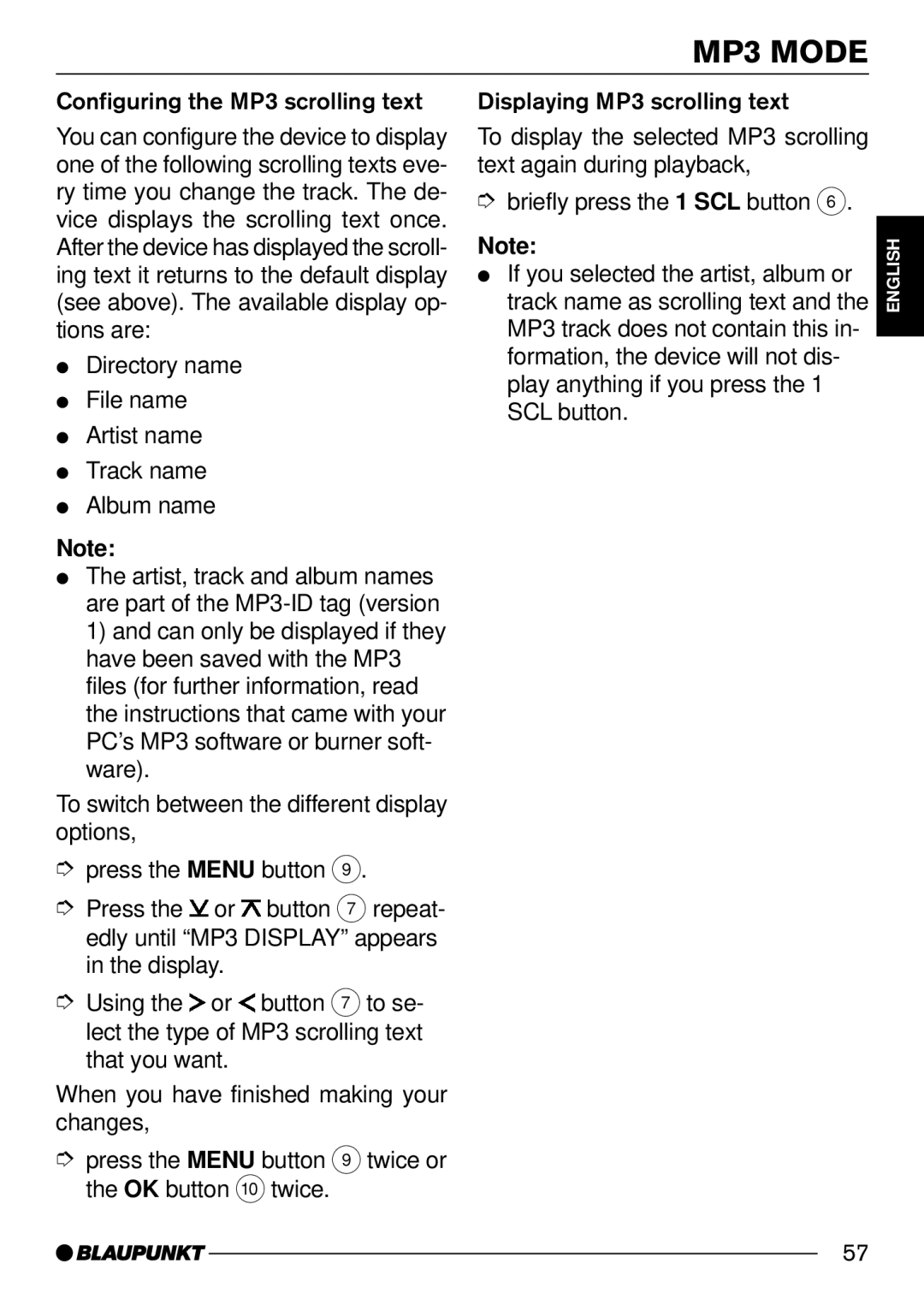 Blaupunkt 7 644 260 310, 7 644 262 310 operating instructions Configuring the MP3 scrolling text 