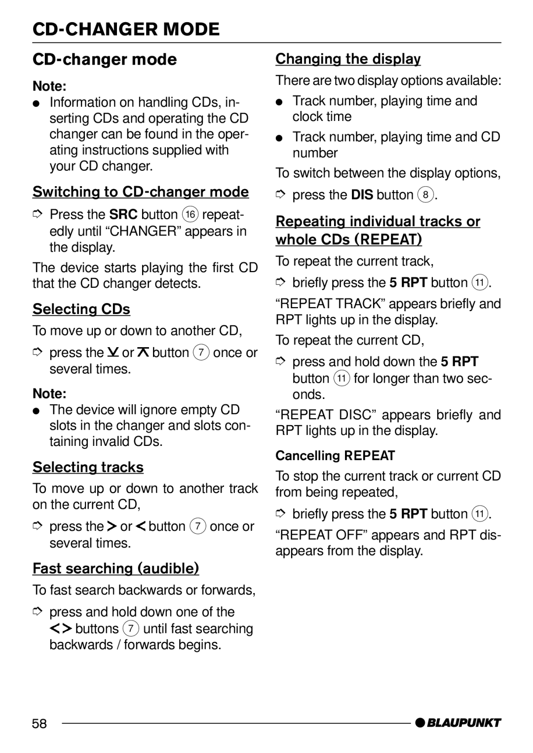 Blaupunkt 7 644 262 310, 7 644 260 310 CD-CHANGER Mode, Switching to CD-changer mode, Selecting CDs 