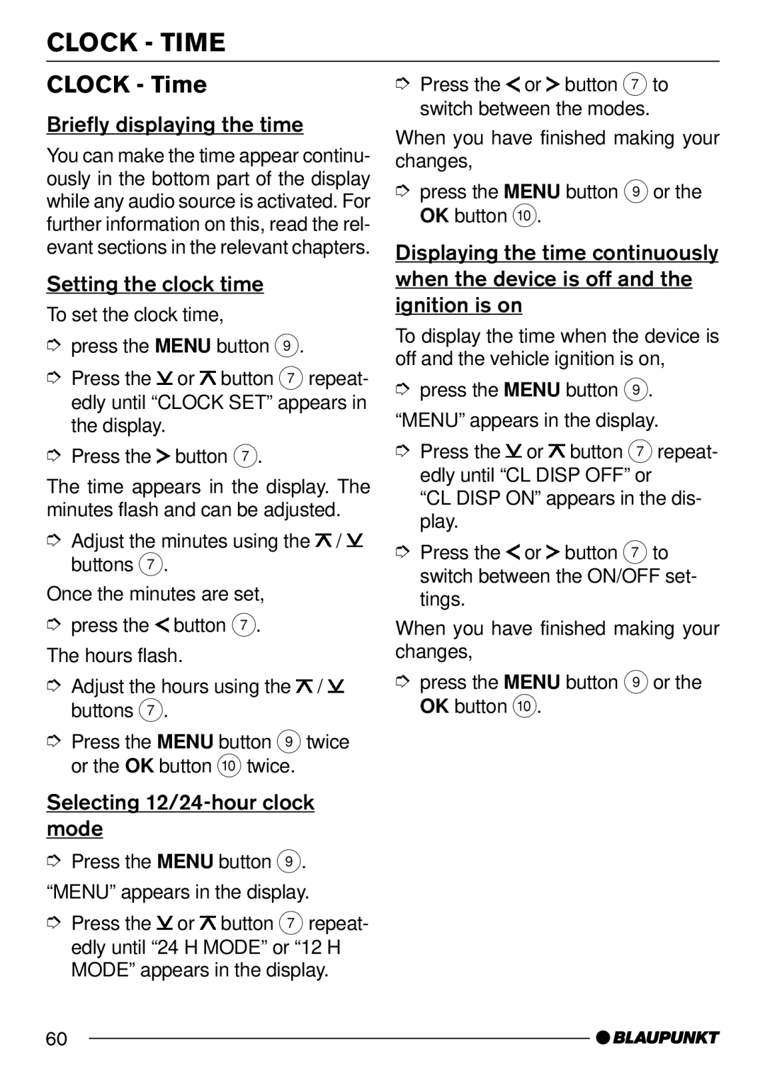 Blaupunkt 7 644 262 310 Clock Time, Briefly displaying the time, Setting the clock time, Selecting 12/24-hour clock mode 