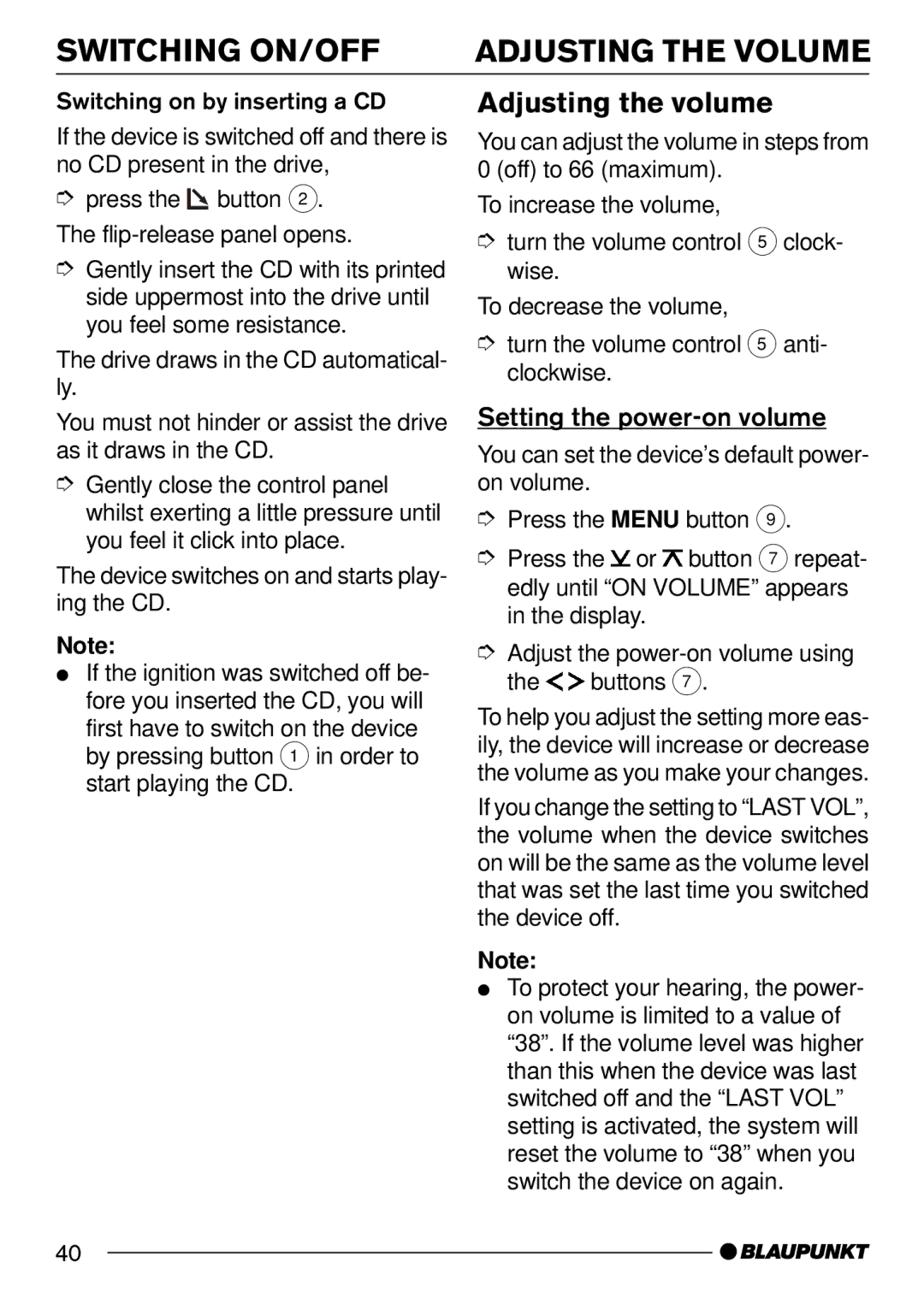 Blaupunkt 7 644 262 310, 7 644 260 310 operating instructions Adjusting the volume, Setting the power-on volume 