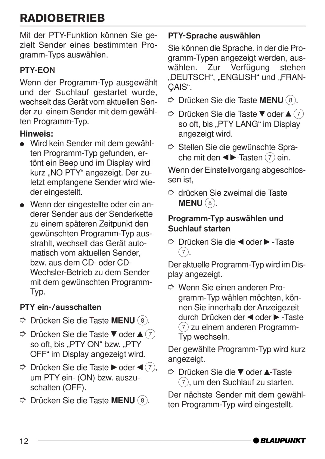 Blaupunkt 7 645 060 510, 7 645 050 510 manual Pty-Eon 