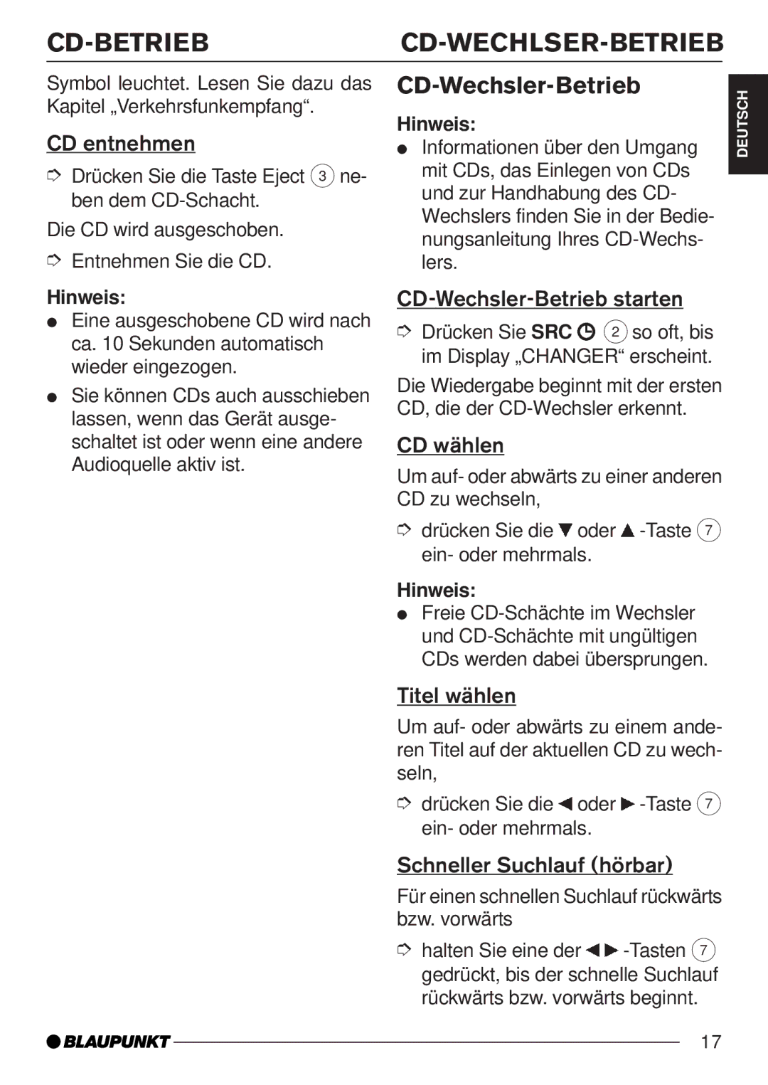 Blaupunkt 7 645 050 510 manual Cd-Betriebcd-Wechlser-Betrieb, CD entnehmen, CD-Wechsler-Betrieb starten, CD wählen 