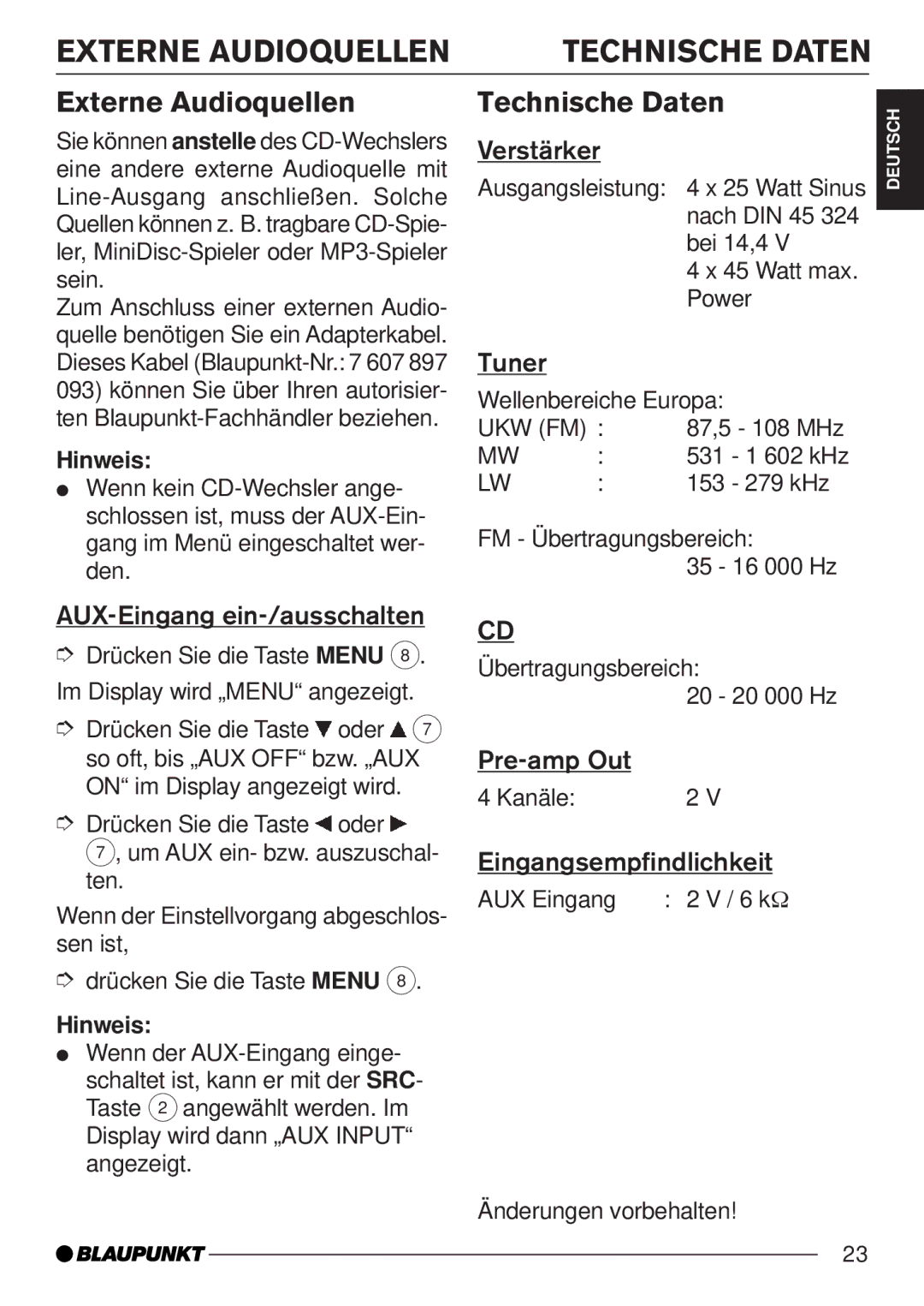 Blaupunkt 7 645 050 510, 7 645 060 510 manual Externe Audioquellen, Technische Daten 