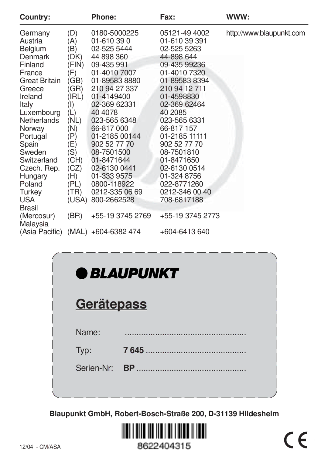 Blaupunkt 7 645 050 510, 7 645 060 510 manual Name Typ 645 Serien-Nr, Www 