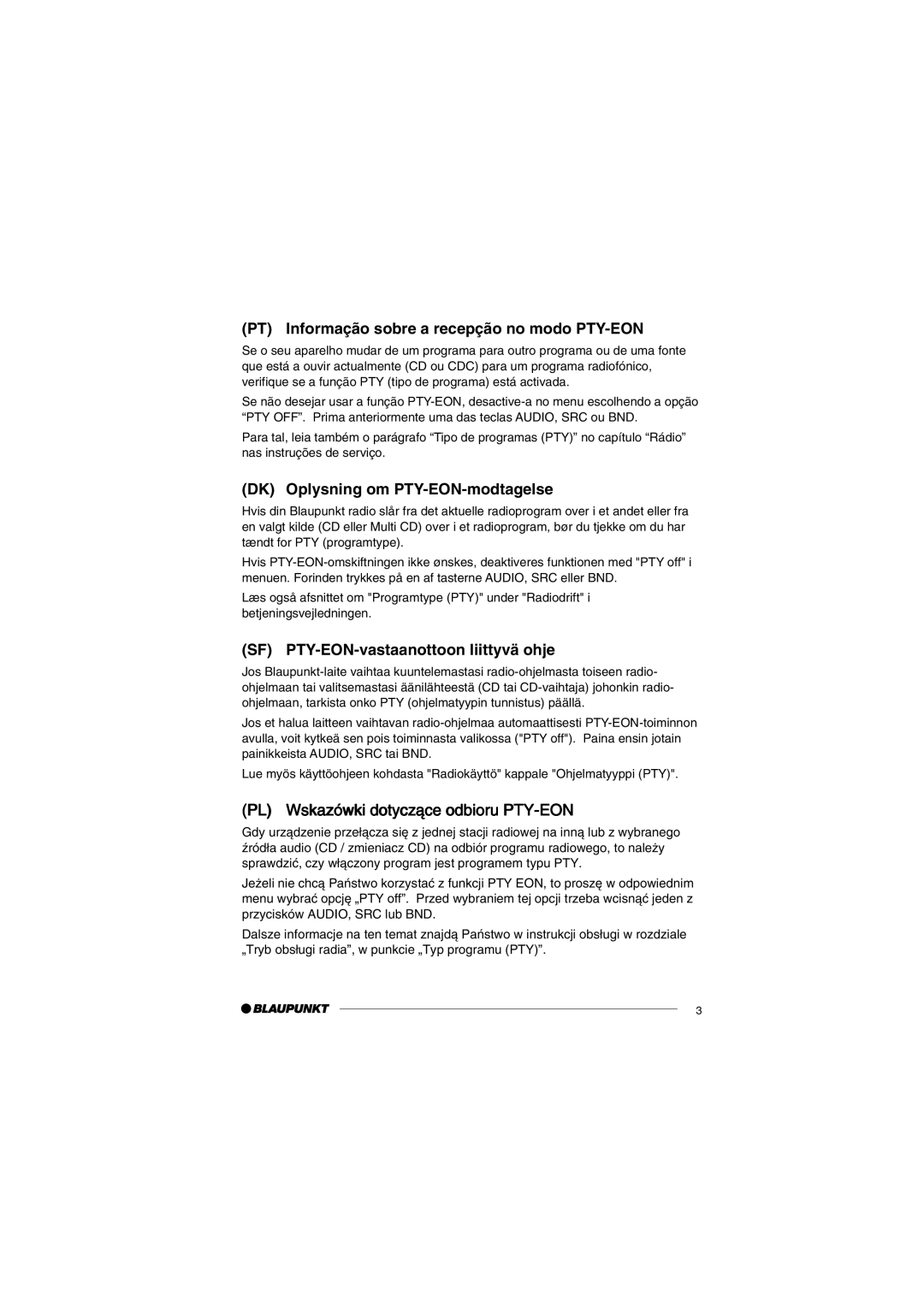 Blaupunkt 7 645 060 510, 7 645 050 510 manual PT Informação sobre a recepção no modo PTY-EON 