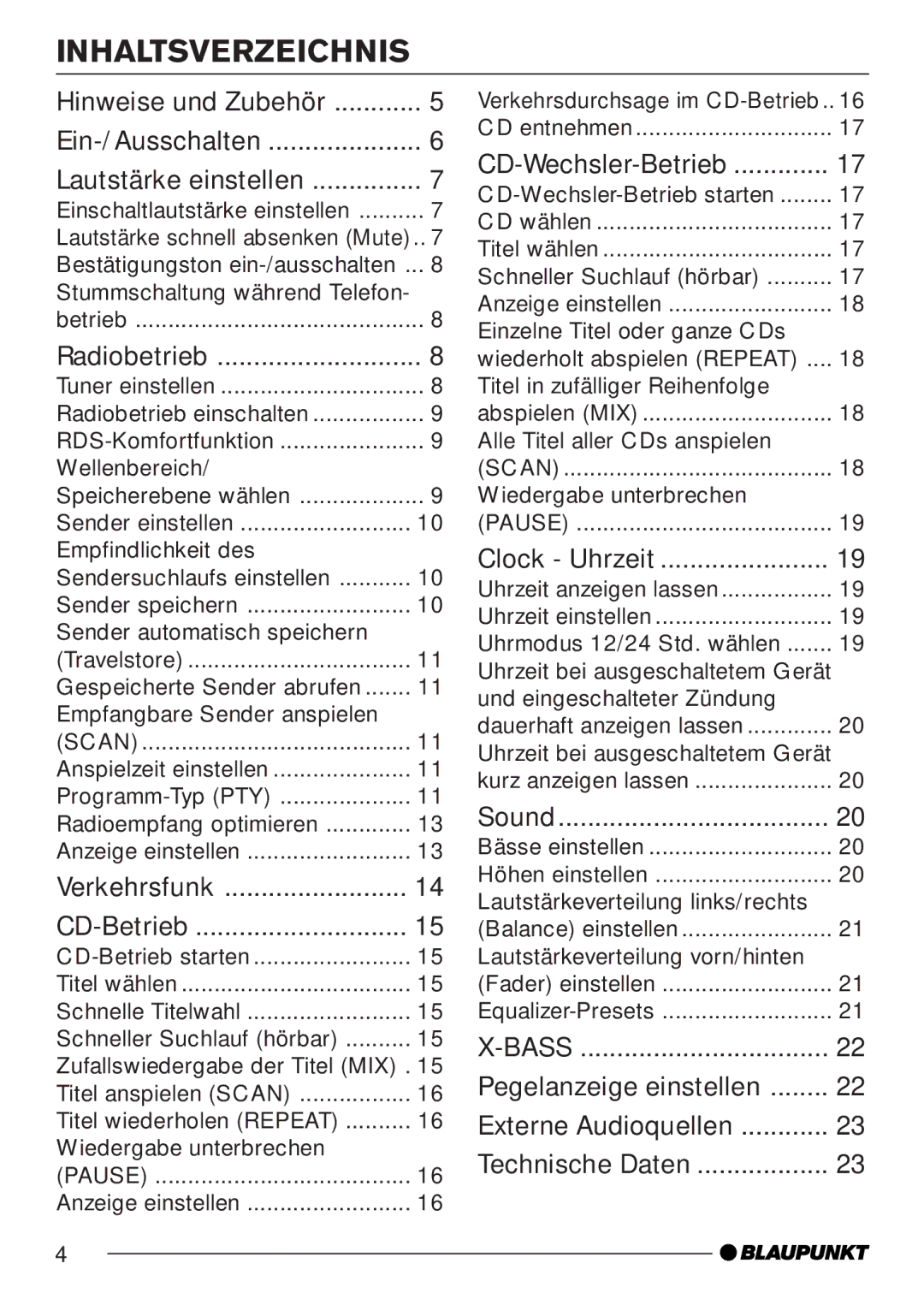 Blaupunkt 7 645 060 510, 7 645 050 510 Inhaltsverzeichnis, Hinweise und Zubehör Ein-/Ausschalten Lautstärke einstellen 