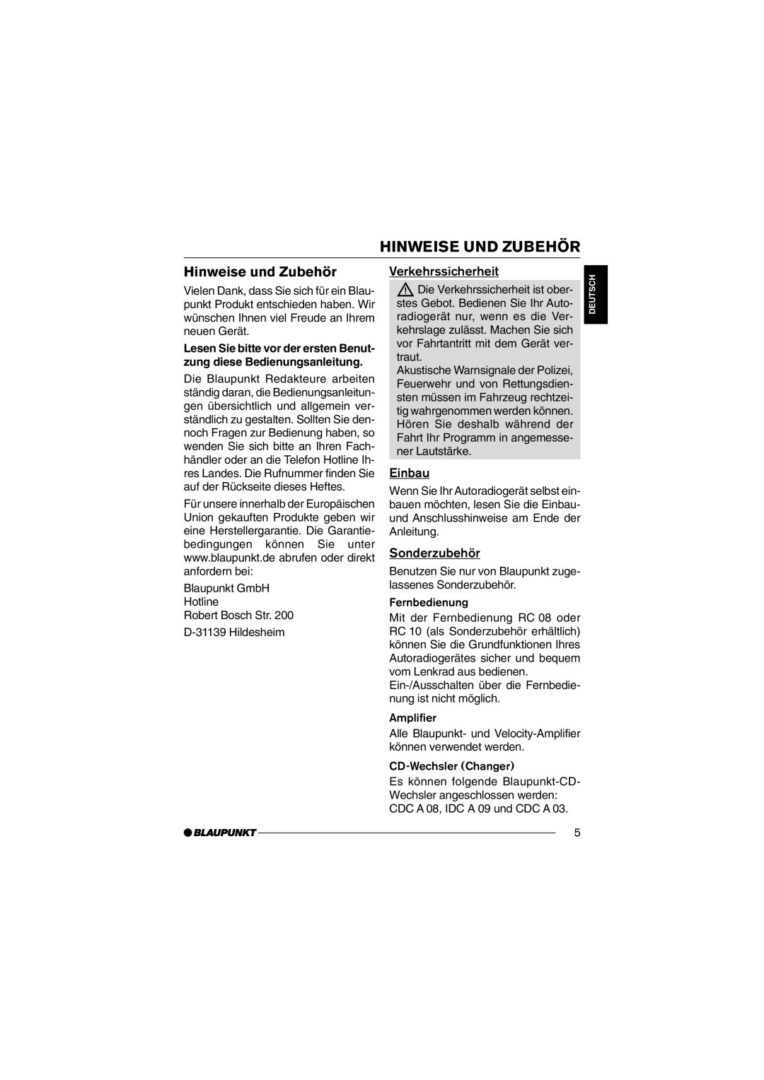 Blaupunkt 7 645 050 510, 7 645 060 510 manual Hinweise UND Zubehör 