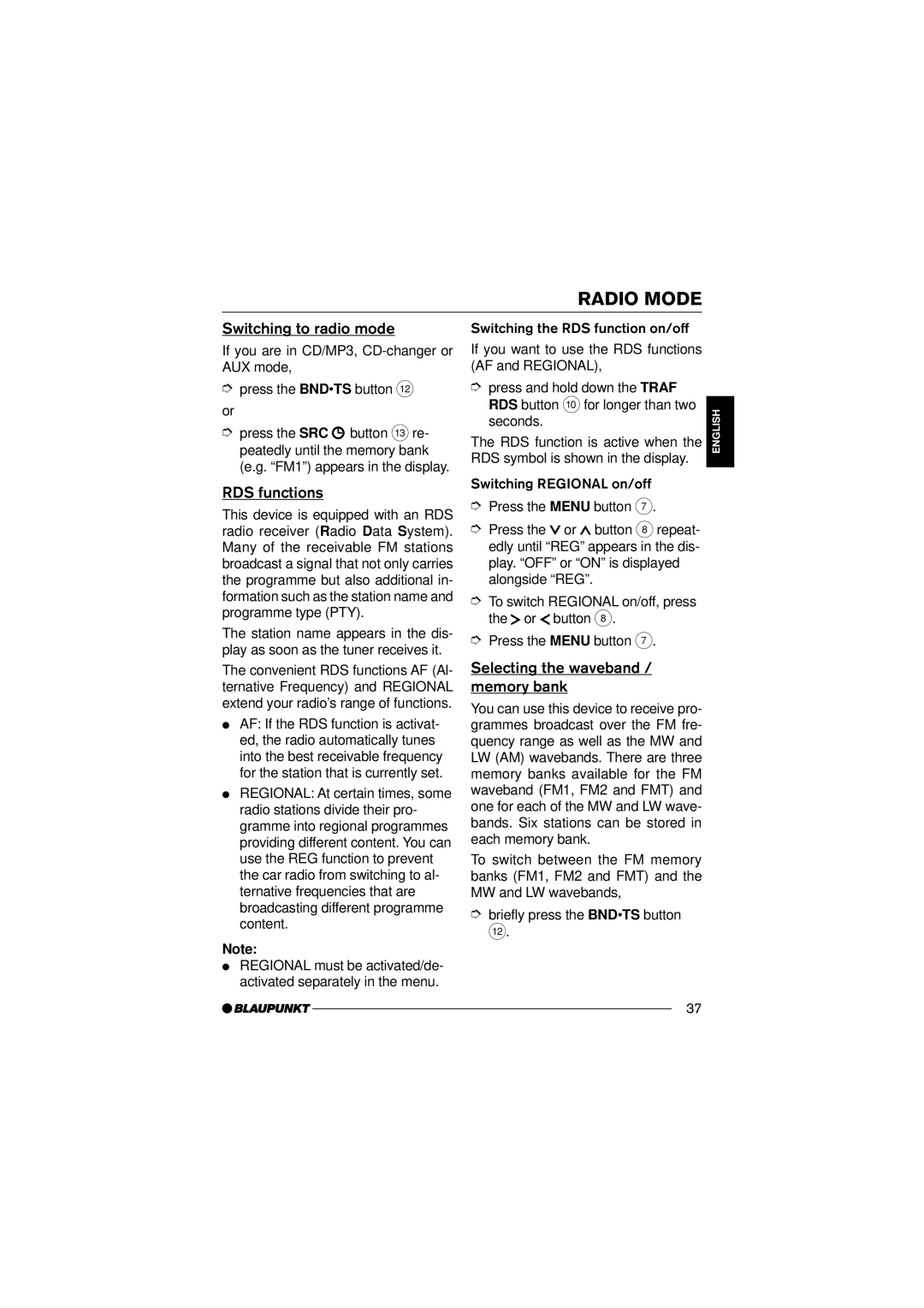 Blaupunkt 7 645 190 310, 7 645 170 310 Switching to radio mode, RDS functions, Selecting the waveband Memory bank 