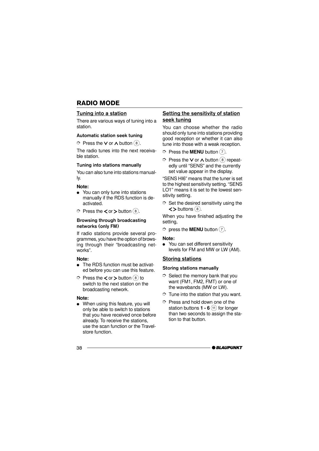 Blaupunkt 7 645 170 310 Tuning into a station, Setting the sensitivity of station seek tuning, Storing stations 