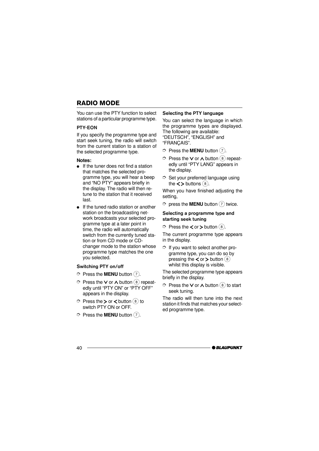 Blaupunkt 7 645 170 310, 7 645 190 310 operating instructions Pty-Eon 