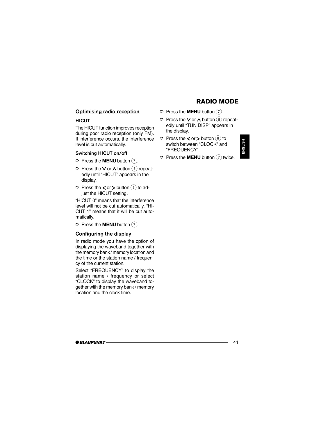 Blaupunkt 7 645 190 310, 7 645 170 310 operating instructions Optimising radio reception, Configuring the display 