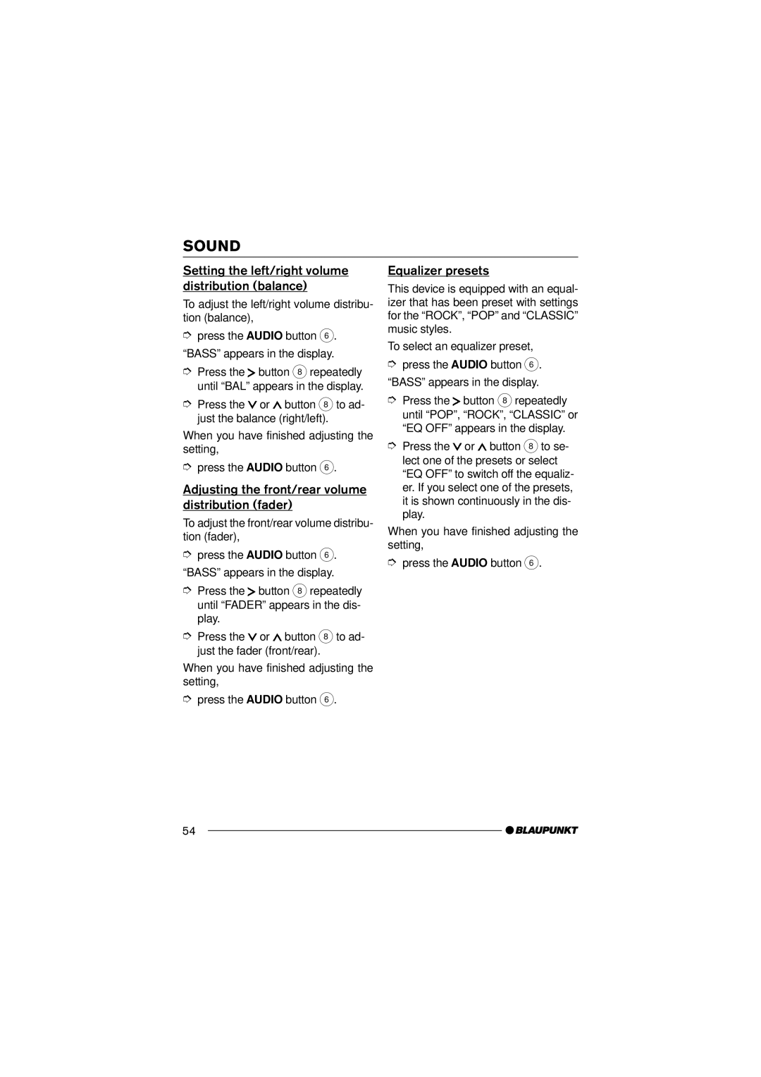 Blaupunkt 7 645 170 310, 7 645 190 310 Setting the left/right volume distribution balance, Equalizer presets 