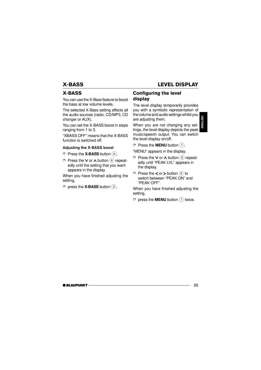 Blaupunkt 7 645 190 310, 7 645 170 310 operating instructions Bass, Configuring the level display 